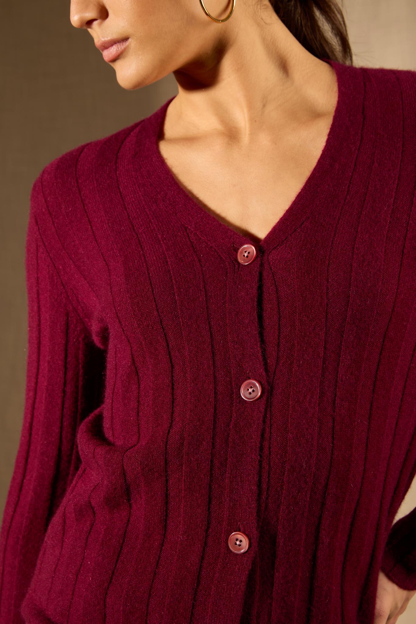 Aurora cardigan col v bordeaux 100% cachemire