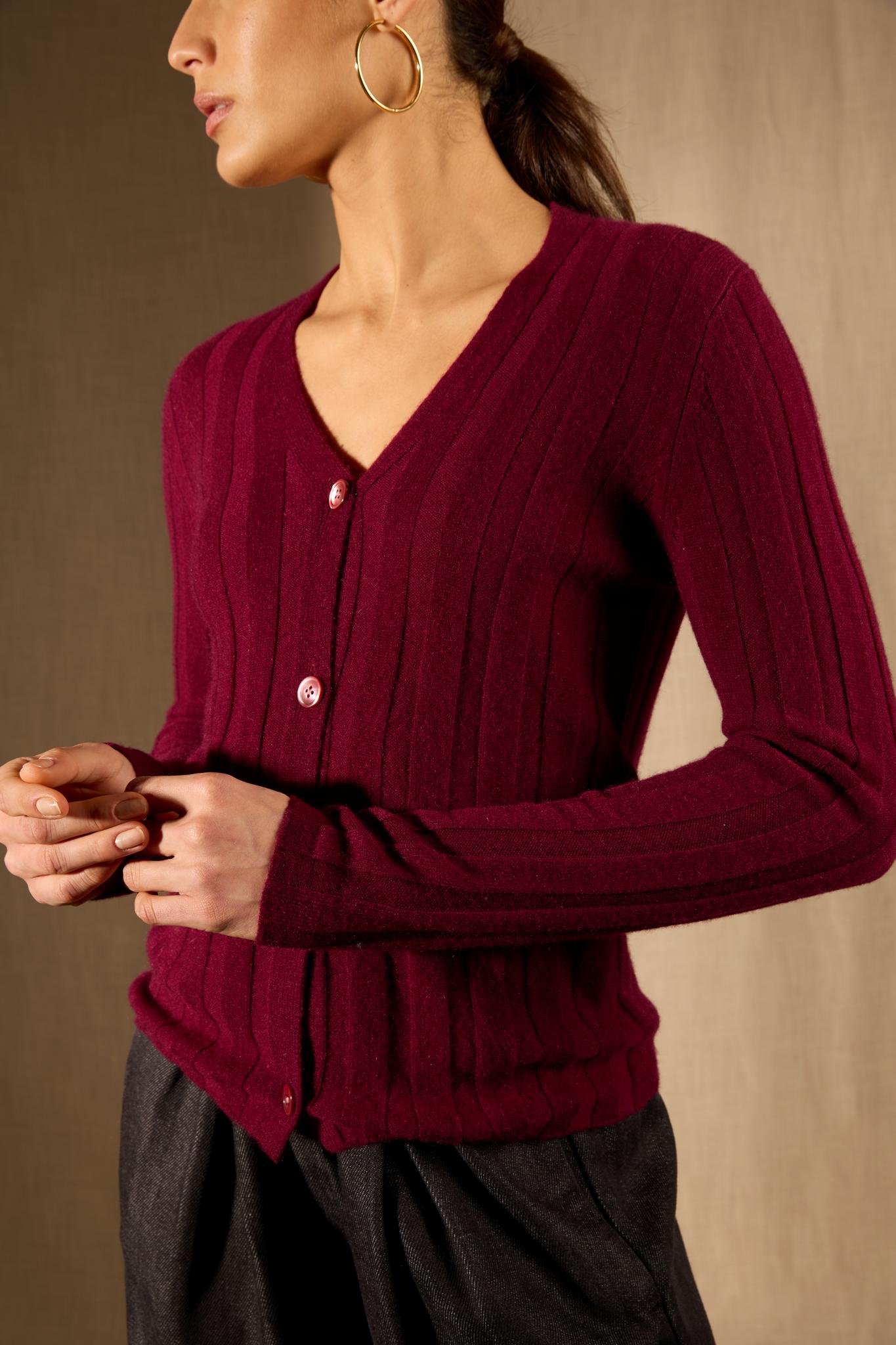 Aurora cardigan col v bordeaux 100% cachemire