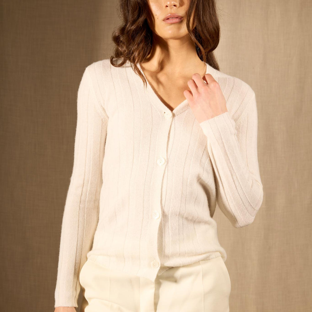 Aurora cardigan col v ivoire 100% cachemire
