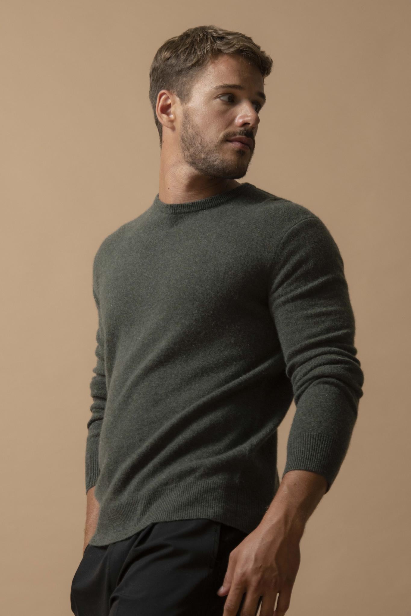 BLAKE pull col rond kaki chiné 100% cachemire