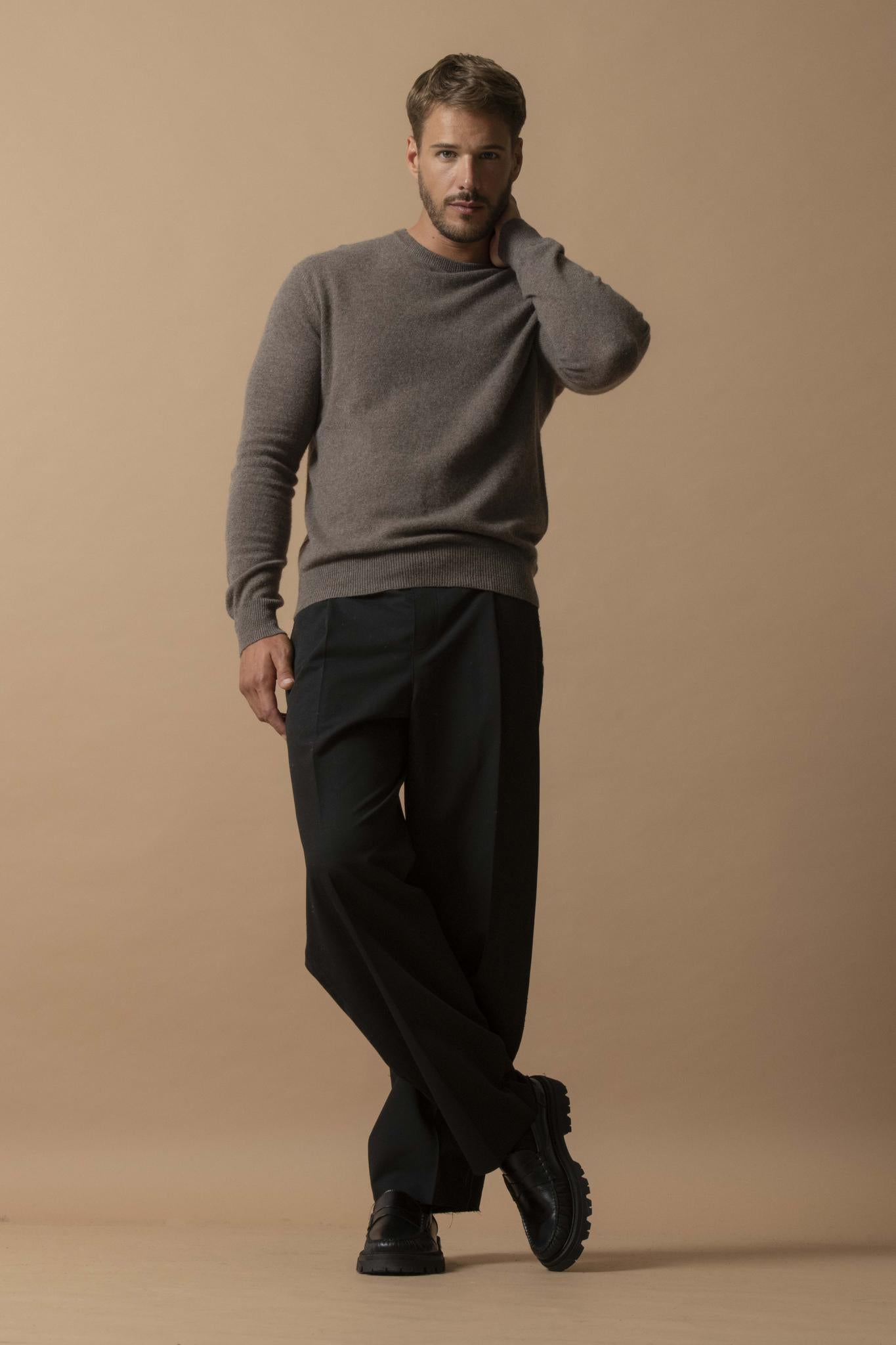 BLAKE pull col rond taupe chiné 100% cachemire