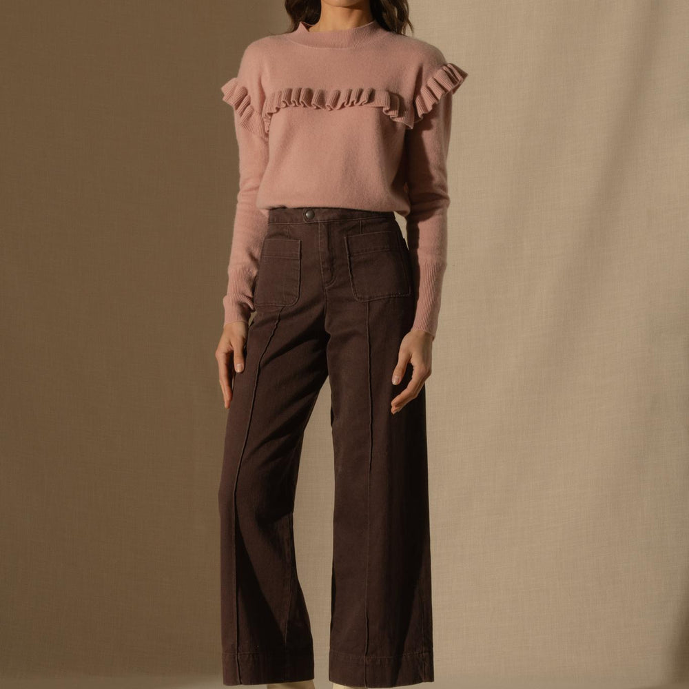 CADHLA pull col rond volants épaules et carrure bois de rose 100% cachemire