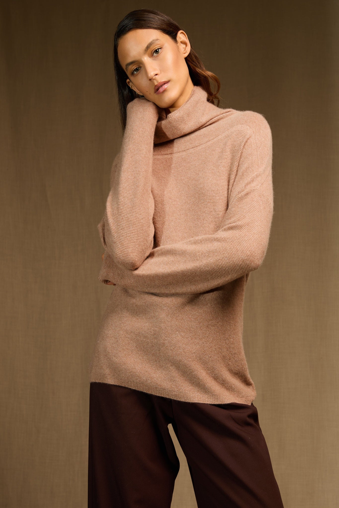 cevaro pull col roulé camel chiné 100% cachemire