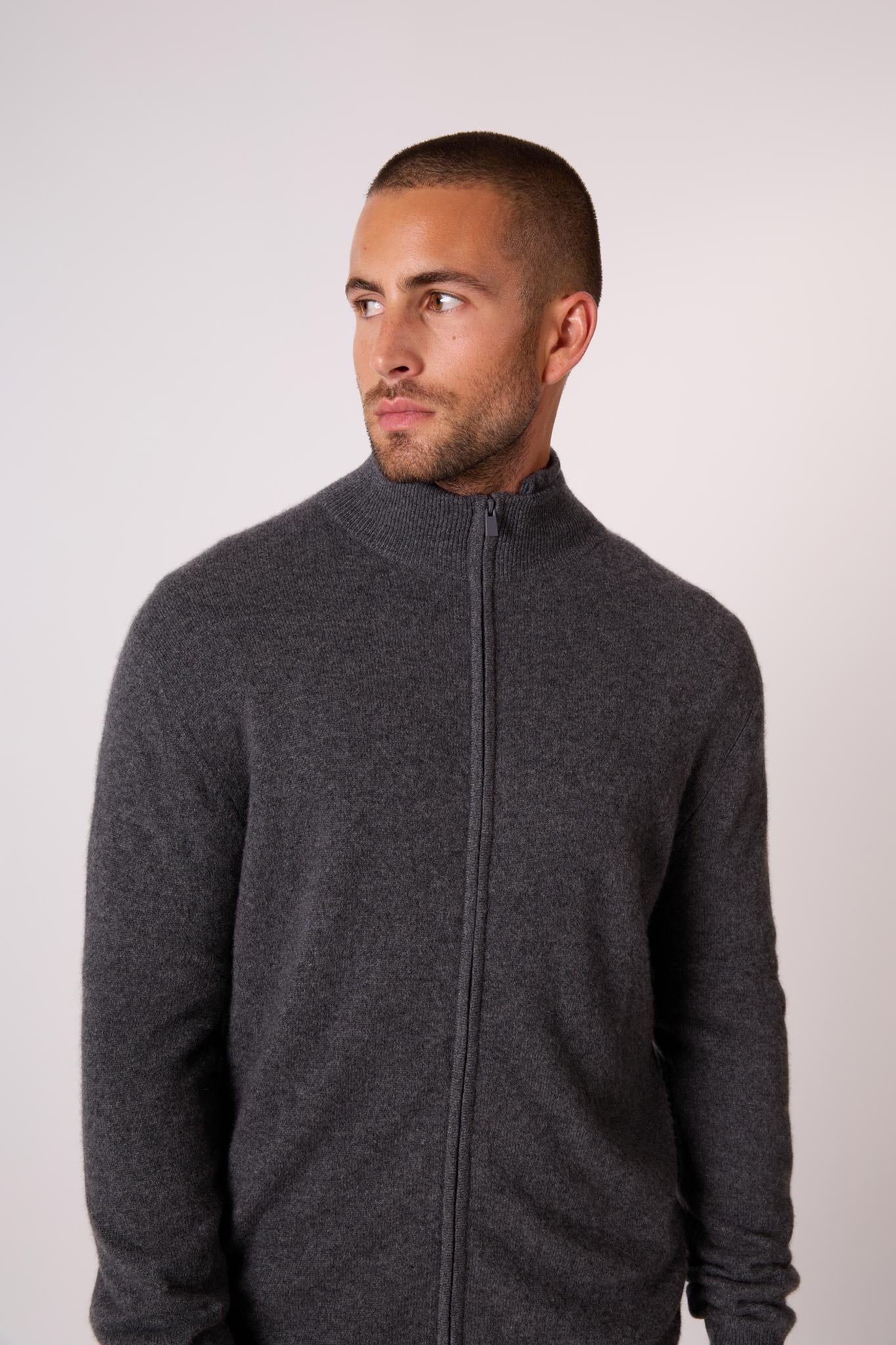CODY gilet zippé col montant anthracite chiné 100% cachemire