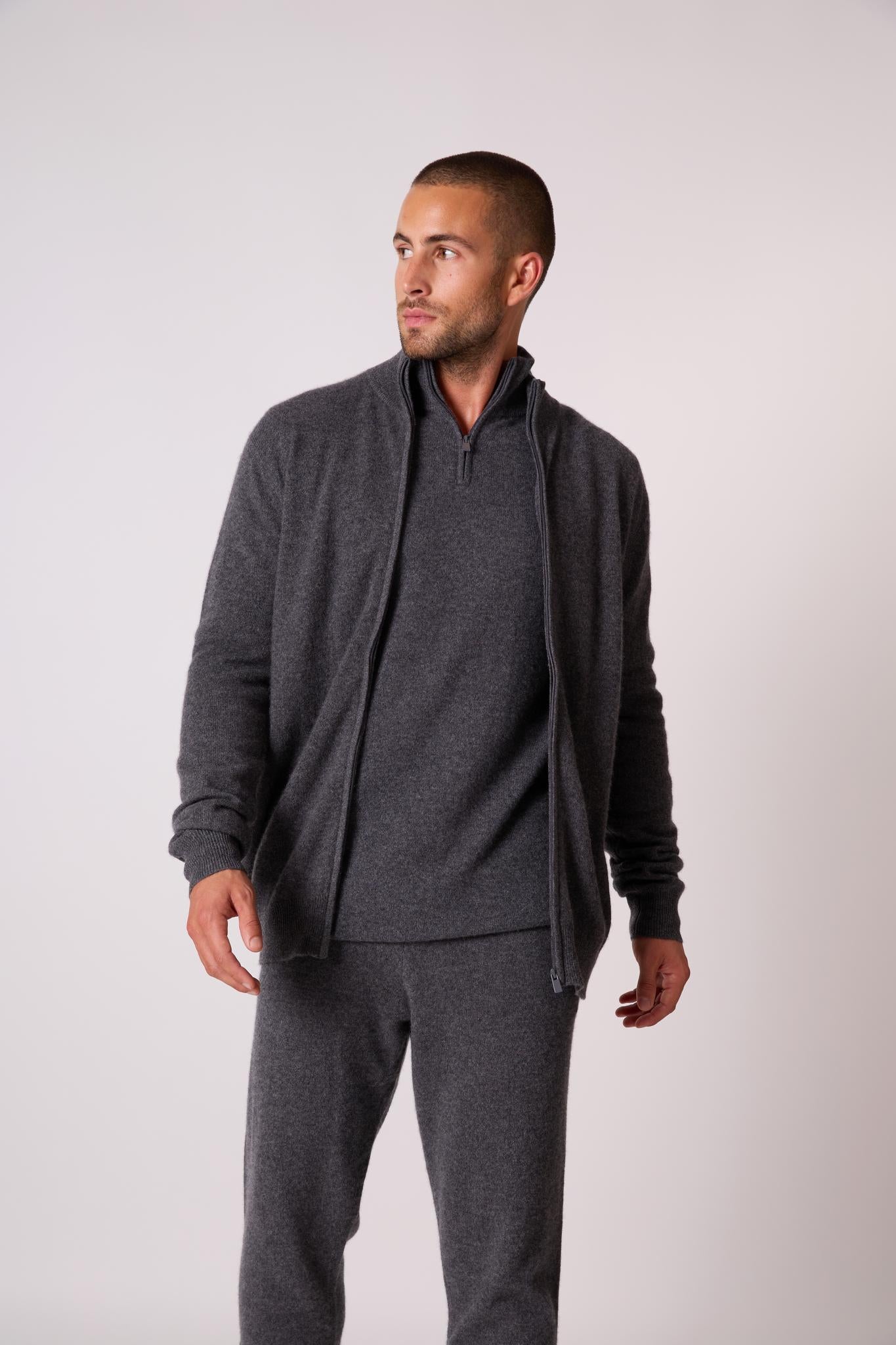 CODY gilet zippé col montant anthracite chiné 100% cachemire