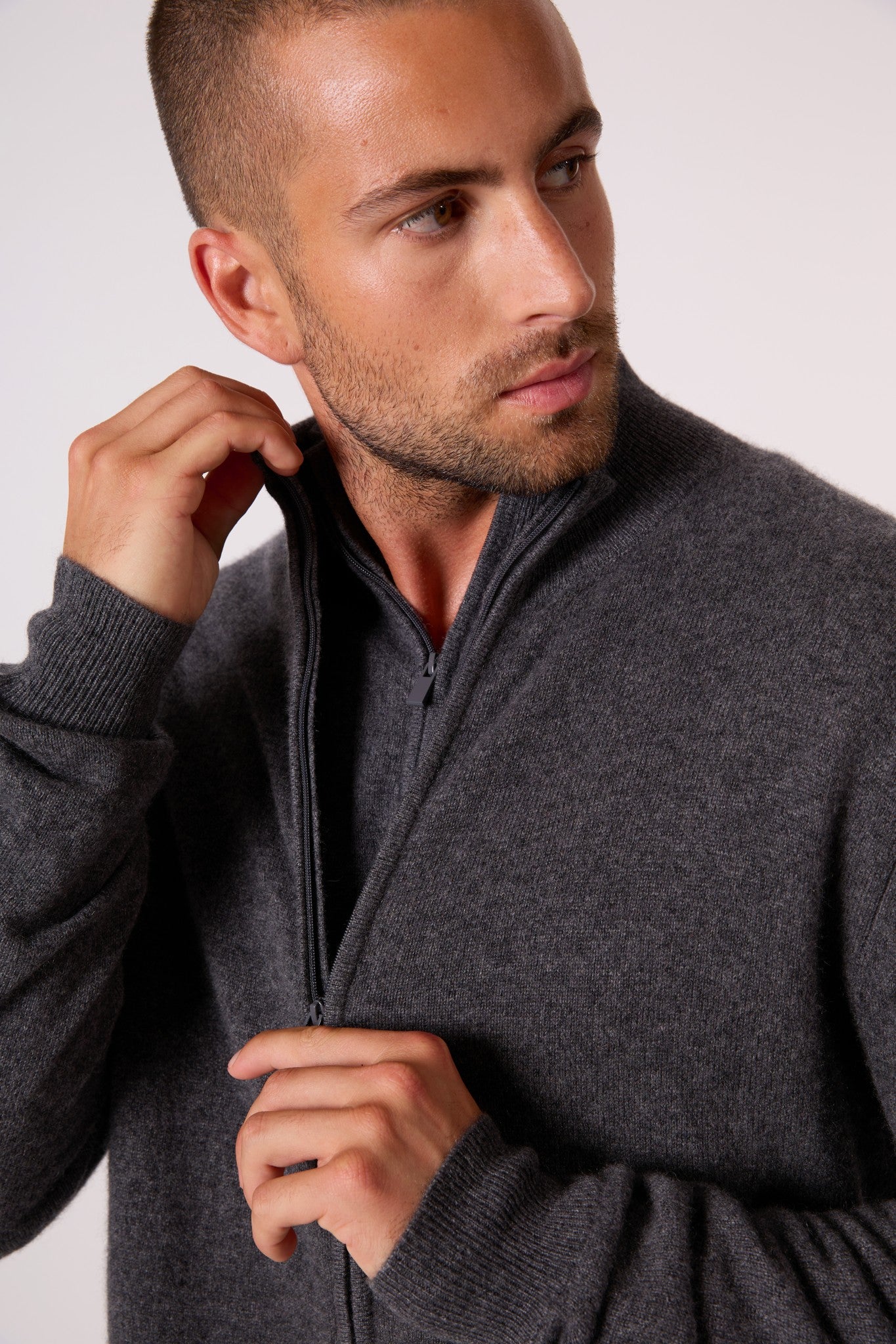 cody gilet zippé col montant anthracite chiné 100% cachemire