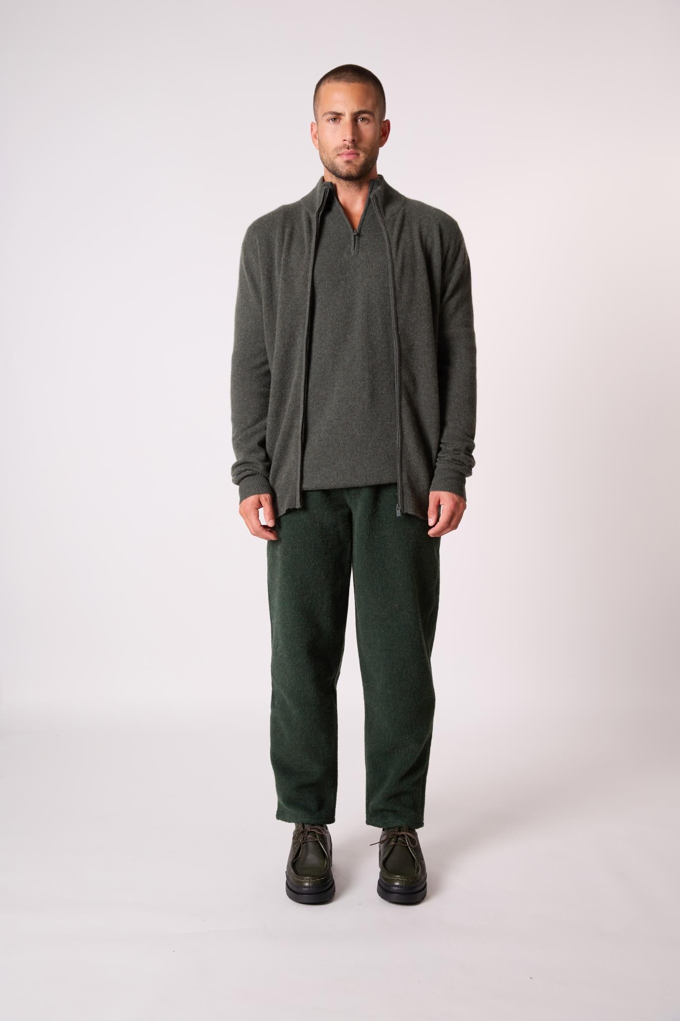 CODY gilet zippé col montant kaki chiné 100% cachemire