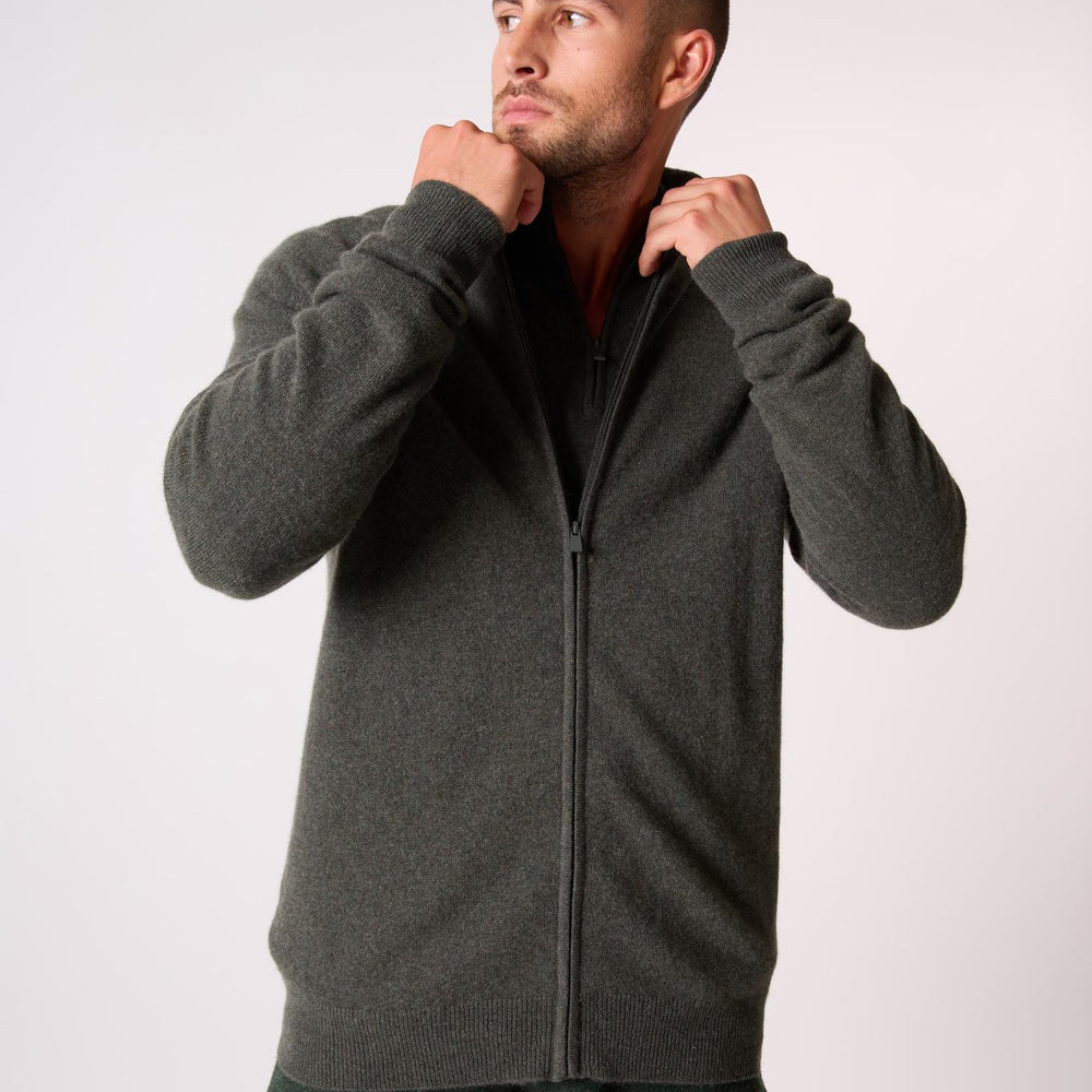 CODY gilet zippé col montant kaki chiné 100% cachemire