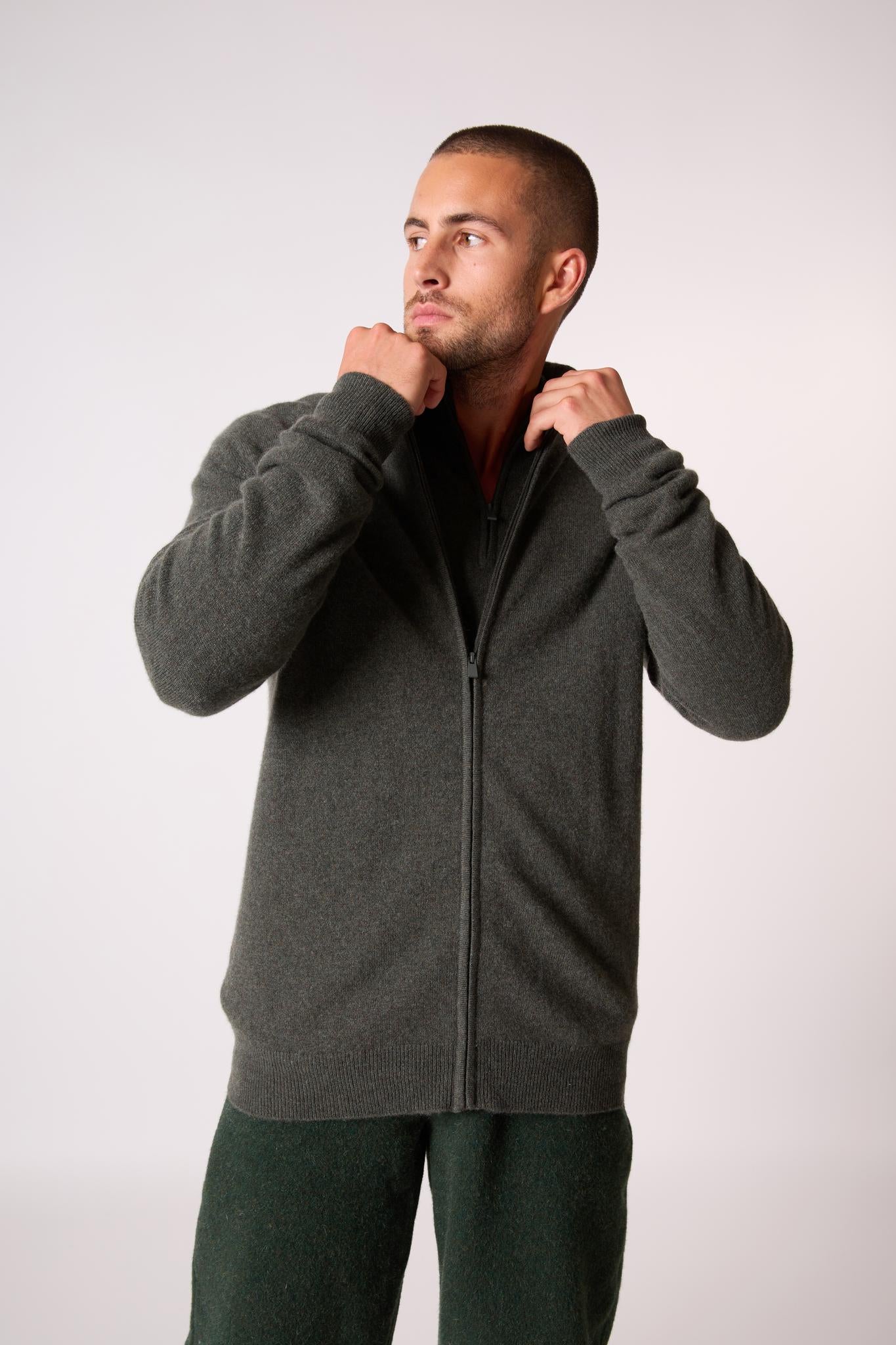 CODY gilet zippé col montant kaki chiné 100% cachemire