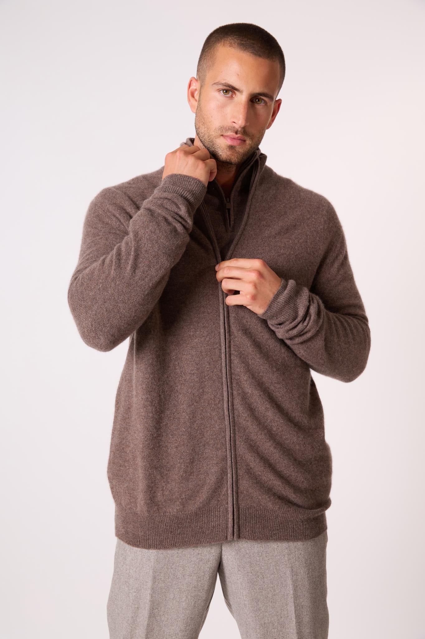 CODY gilet zippé col montant taupe chiné 100% cachemire