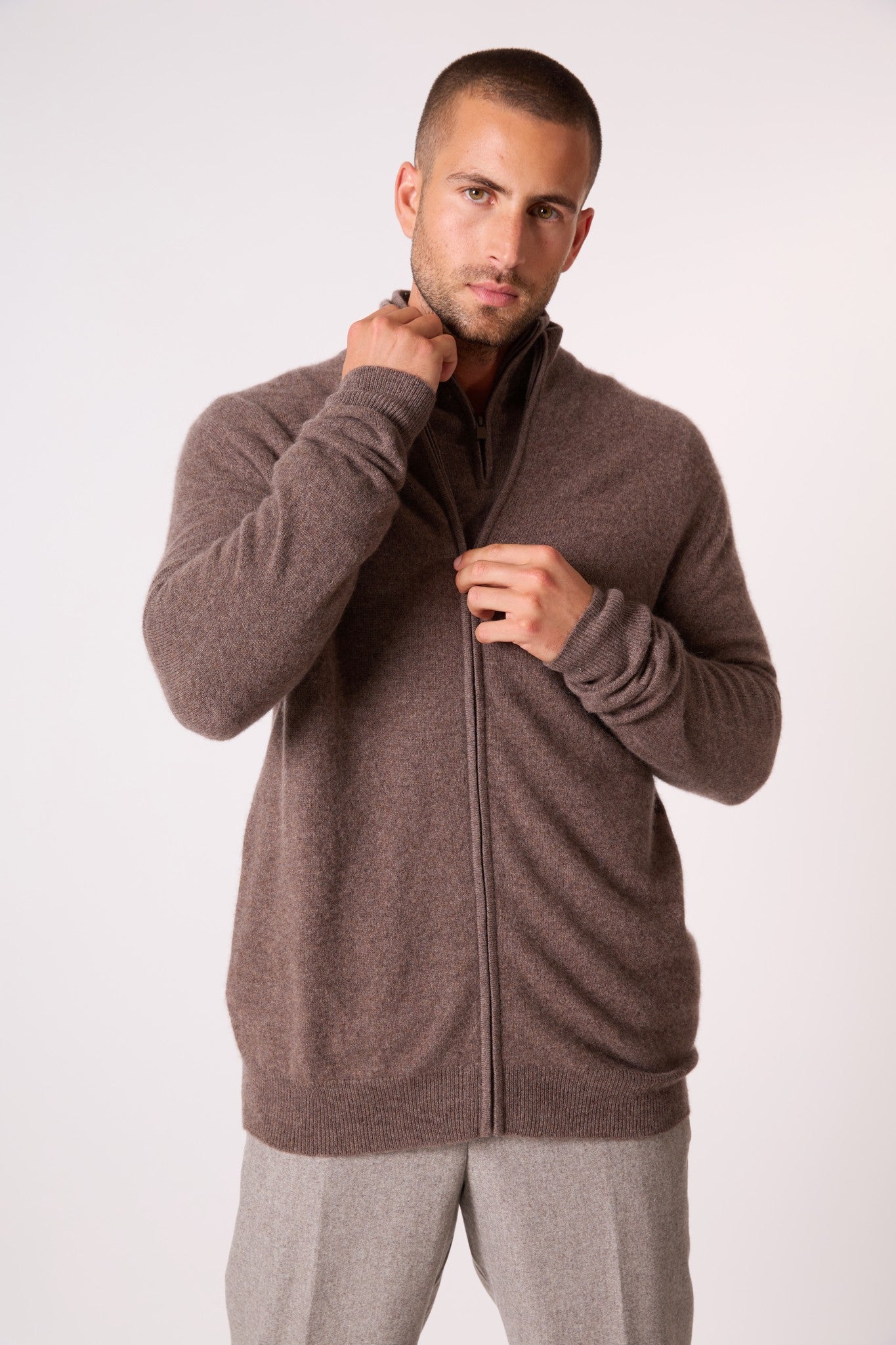 cody gilet zippé col montant taupe chiné 100% cachemire