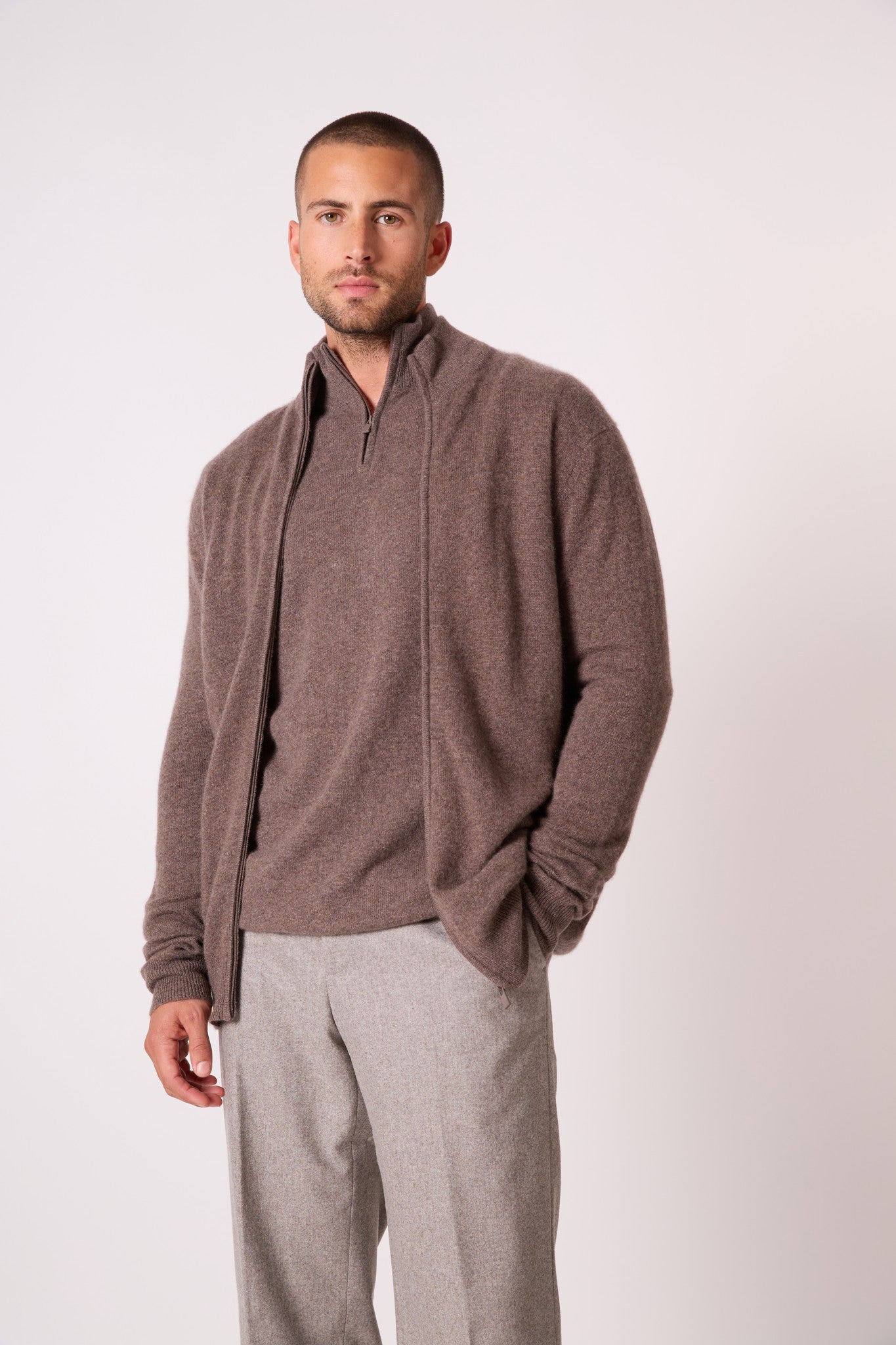 cody gilet zippé col montant taupe chiné 100% cachemire