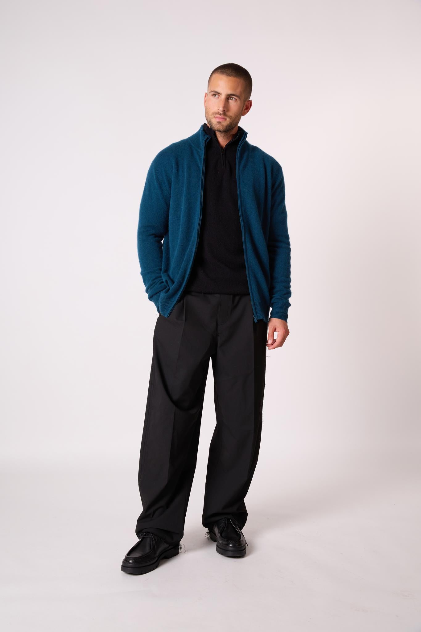 CODY gilet zippé col montant vert canard 100% cachemire