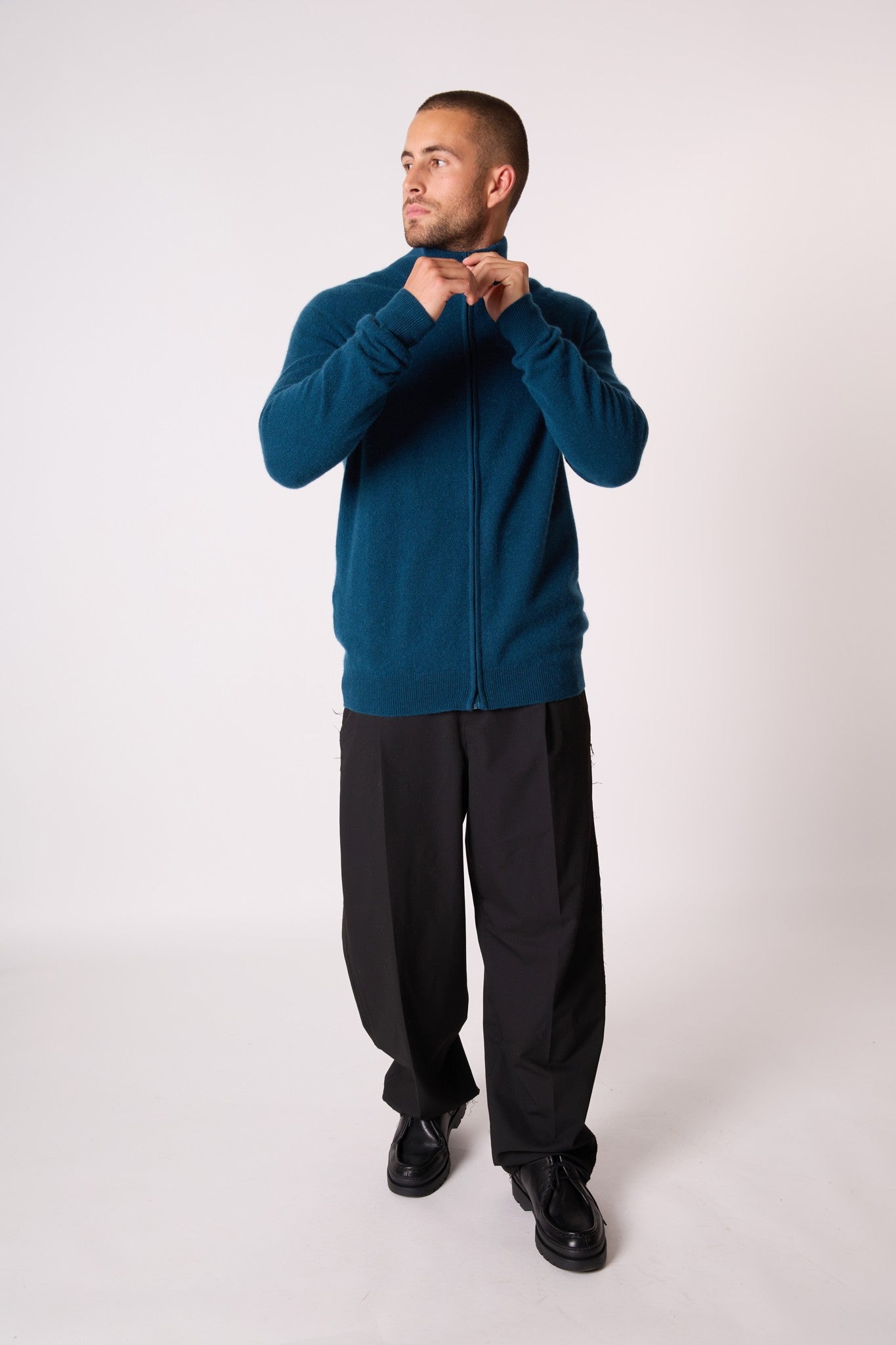 cody gilet zippé col montant vert canard 100% cachemire