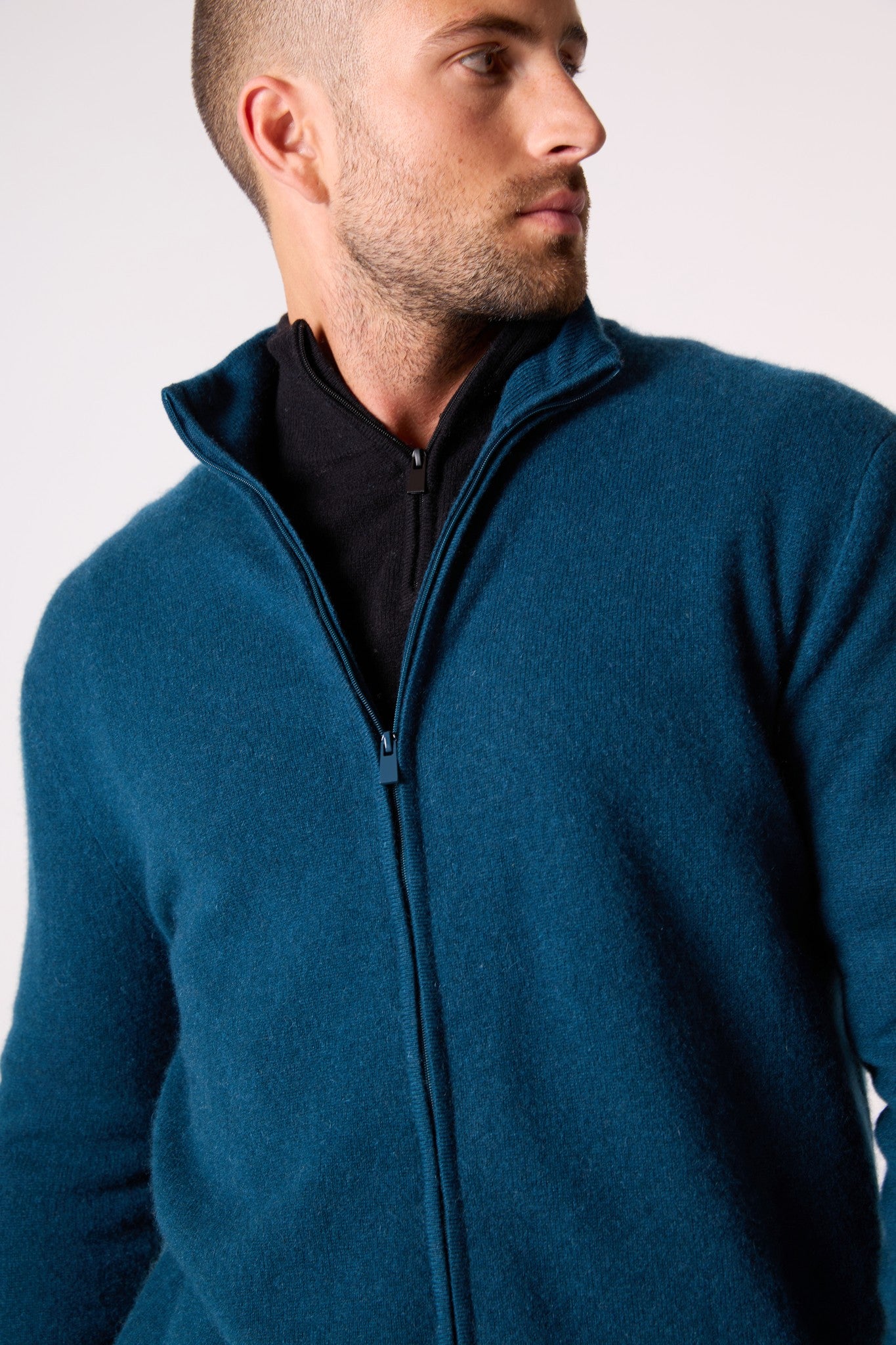 cody gilet zippé col montant vert canard 100% cachemire