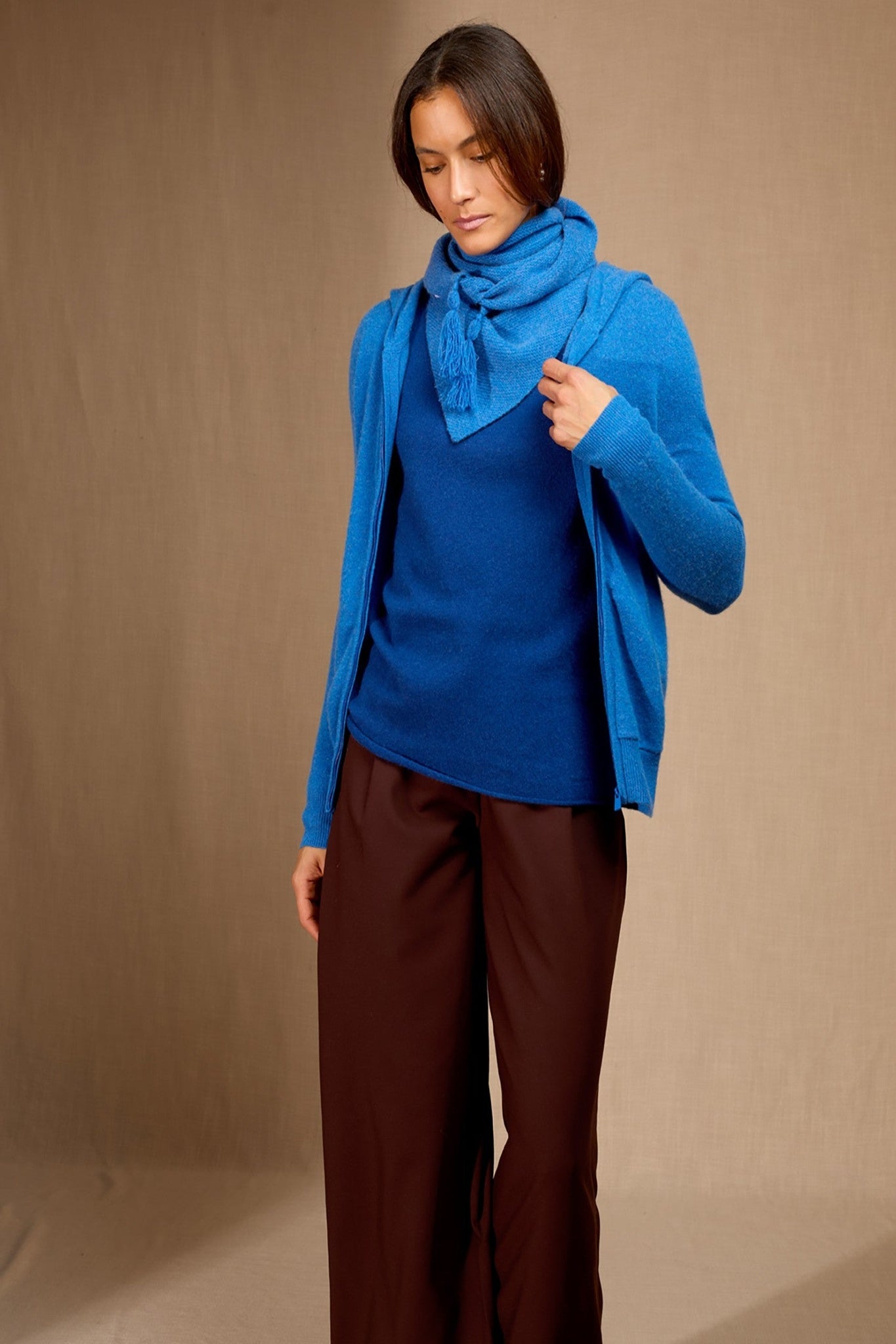 condeixa écharpe triangle avec franges 4 fils bleu électrique 100% cachemire