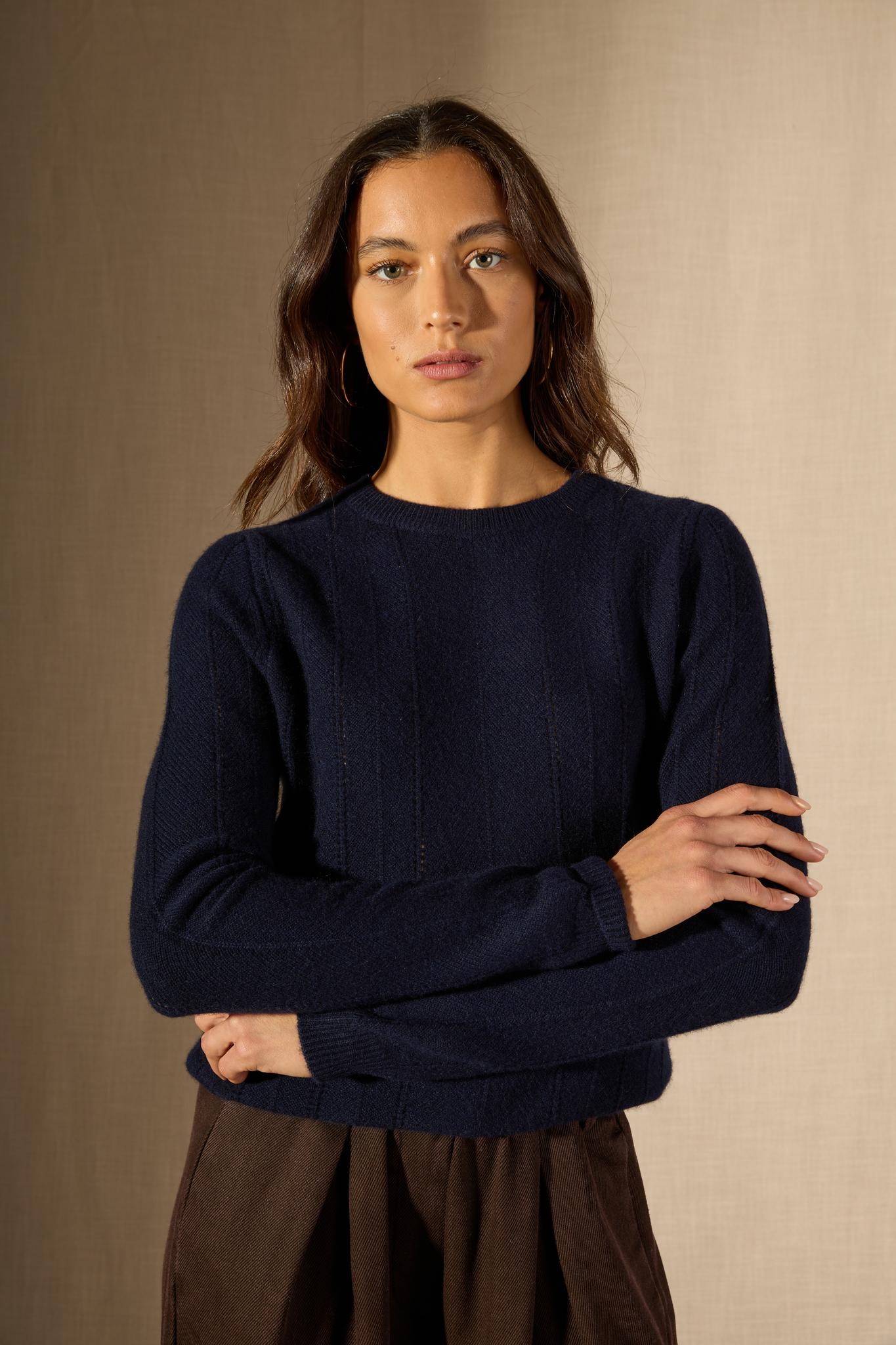CORVA pull col rond 4 fils navy 100% cachemire