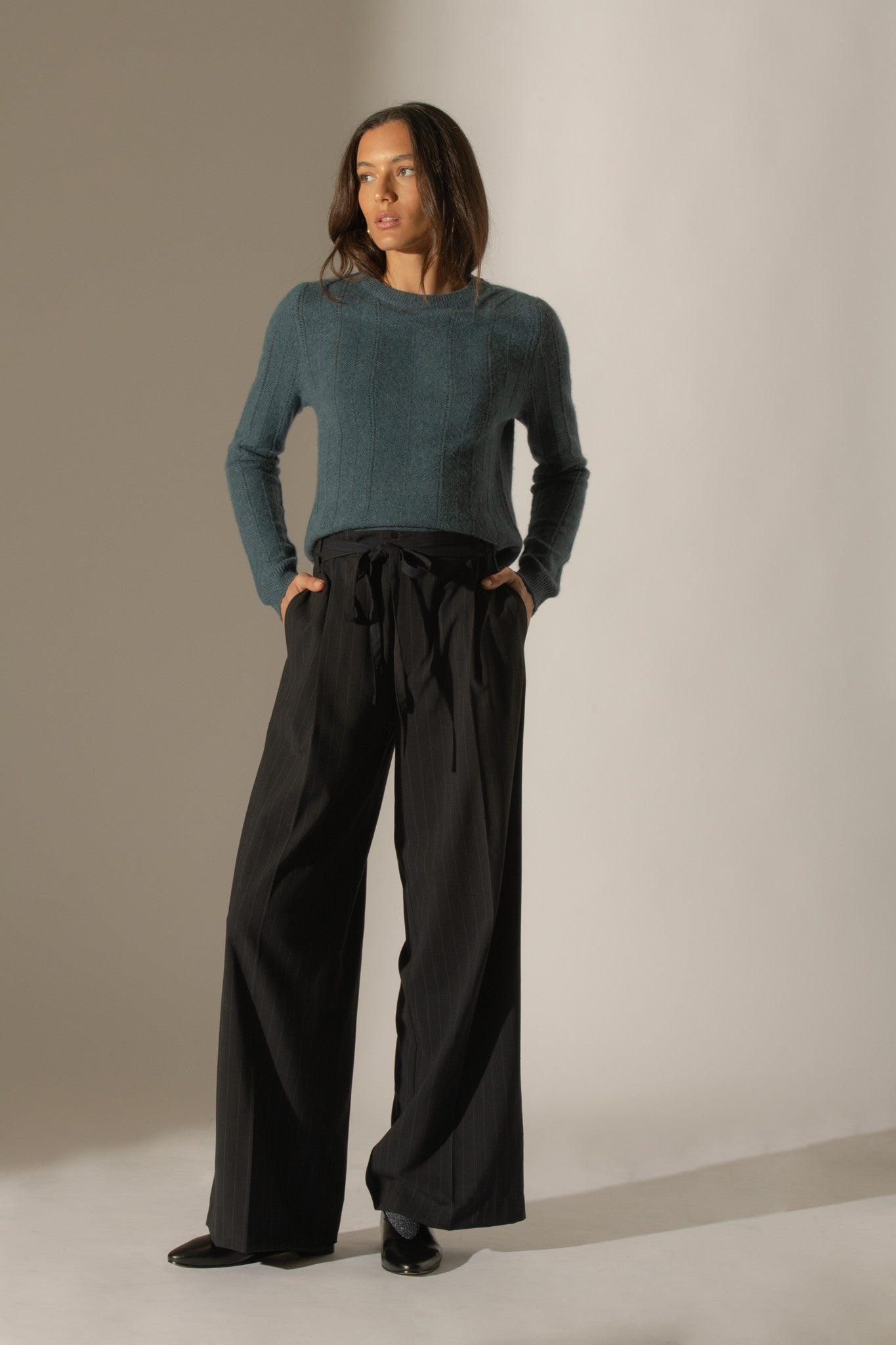 corva pull col rond 4 fils vert canard chiné 100% cachemire