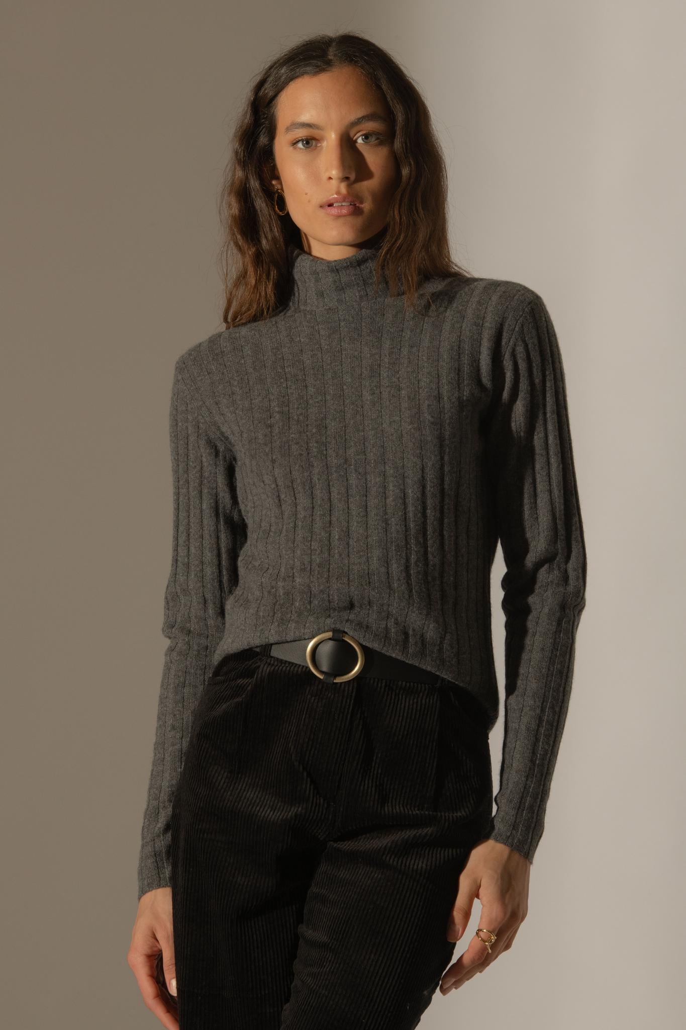 CRAIGTON pull col roulé anthracite chiné 100% cachemire