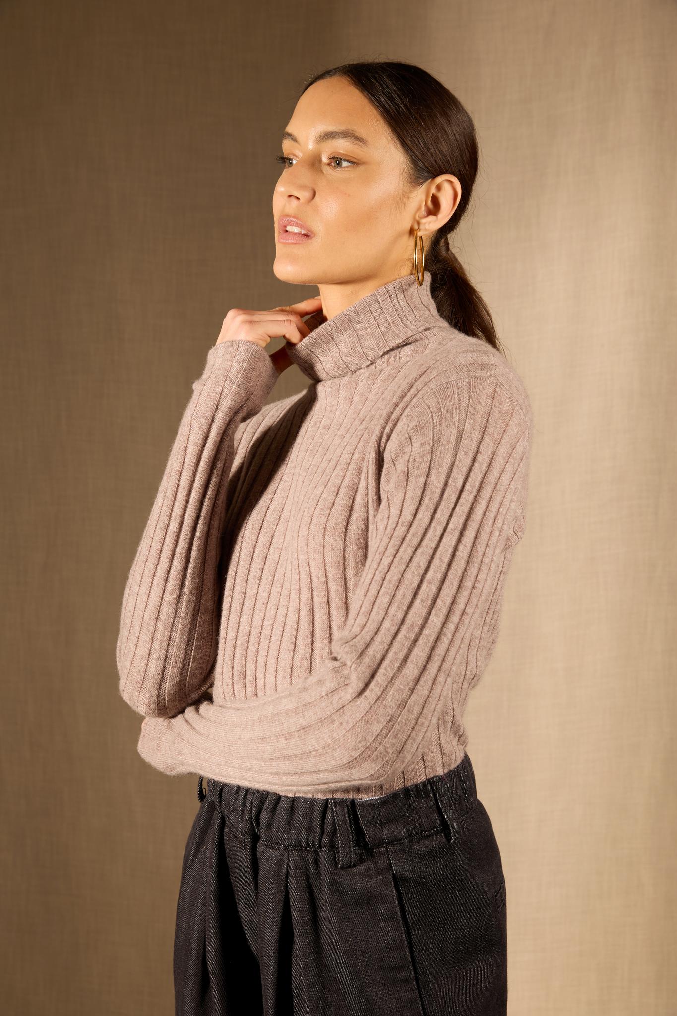 CRAIGTON pull col roulé caribou chiné 100% cachemire