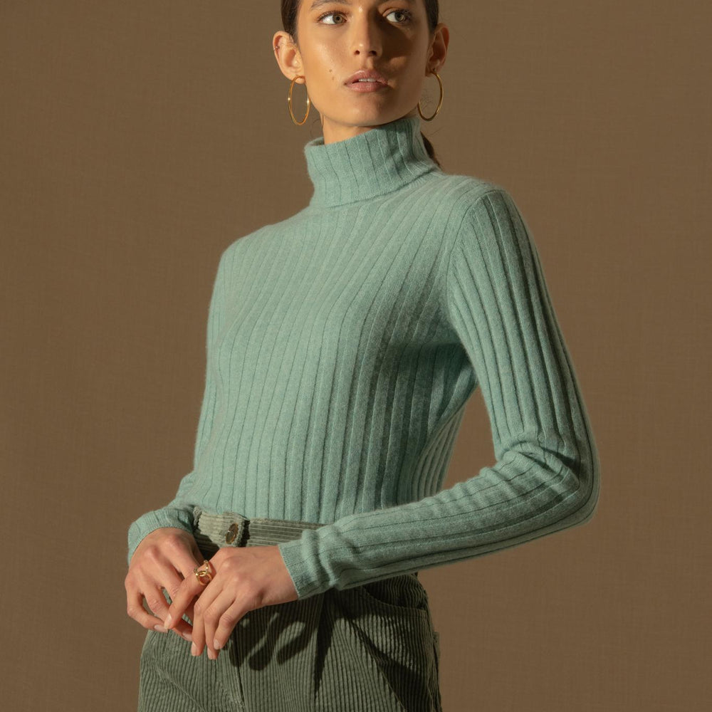 CRAIGTON pull col roulé vert chiné 100% cachemire