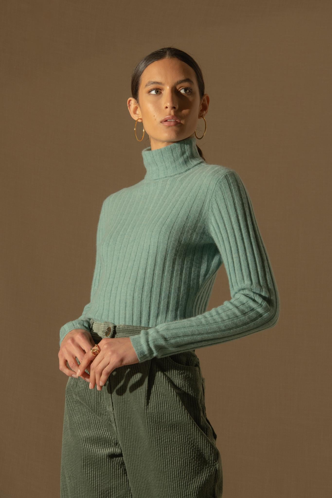 CRAIGTON pull col roulé vert chiné 100% cachemire