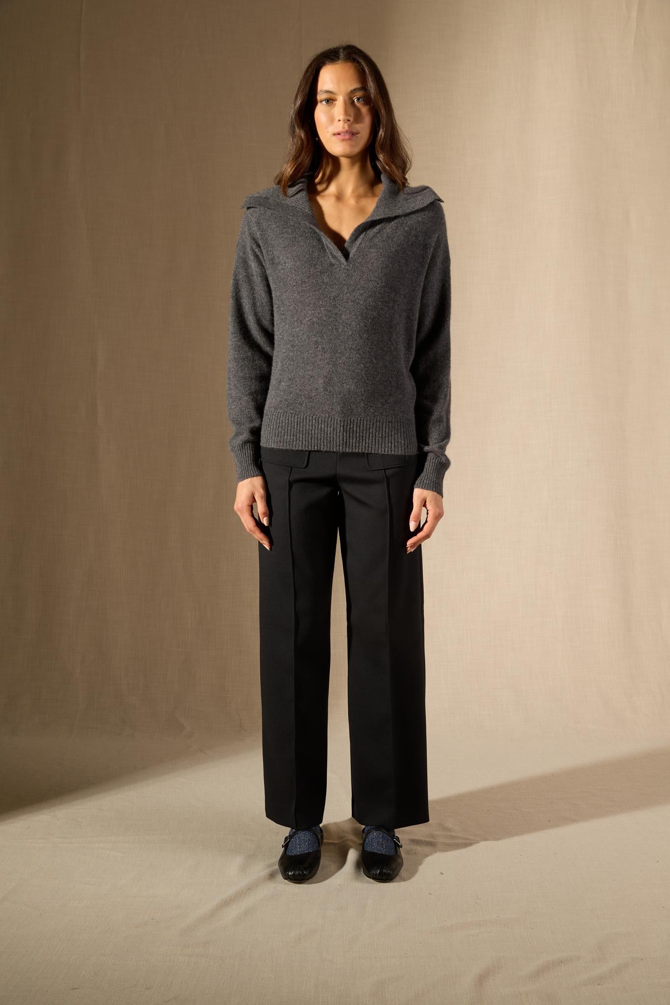 CRIMSON pull col châle croisé anthracite chiné 100% cachemire