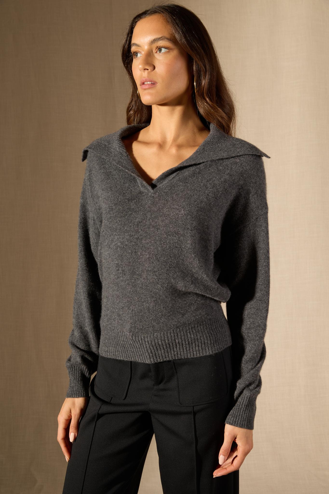 CRIMSON pull col châle croisé anthracite chiné 100% cachemire
