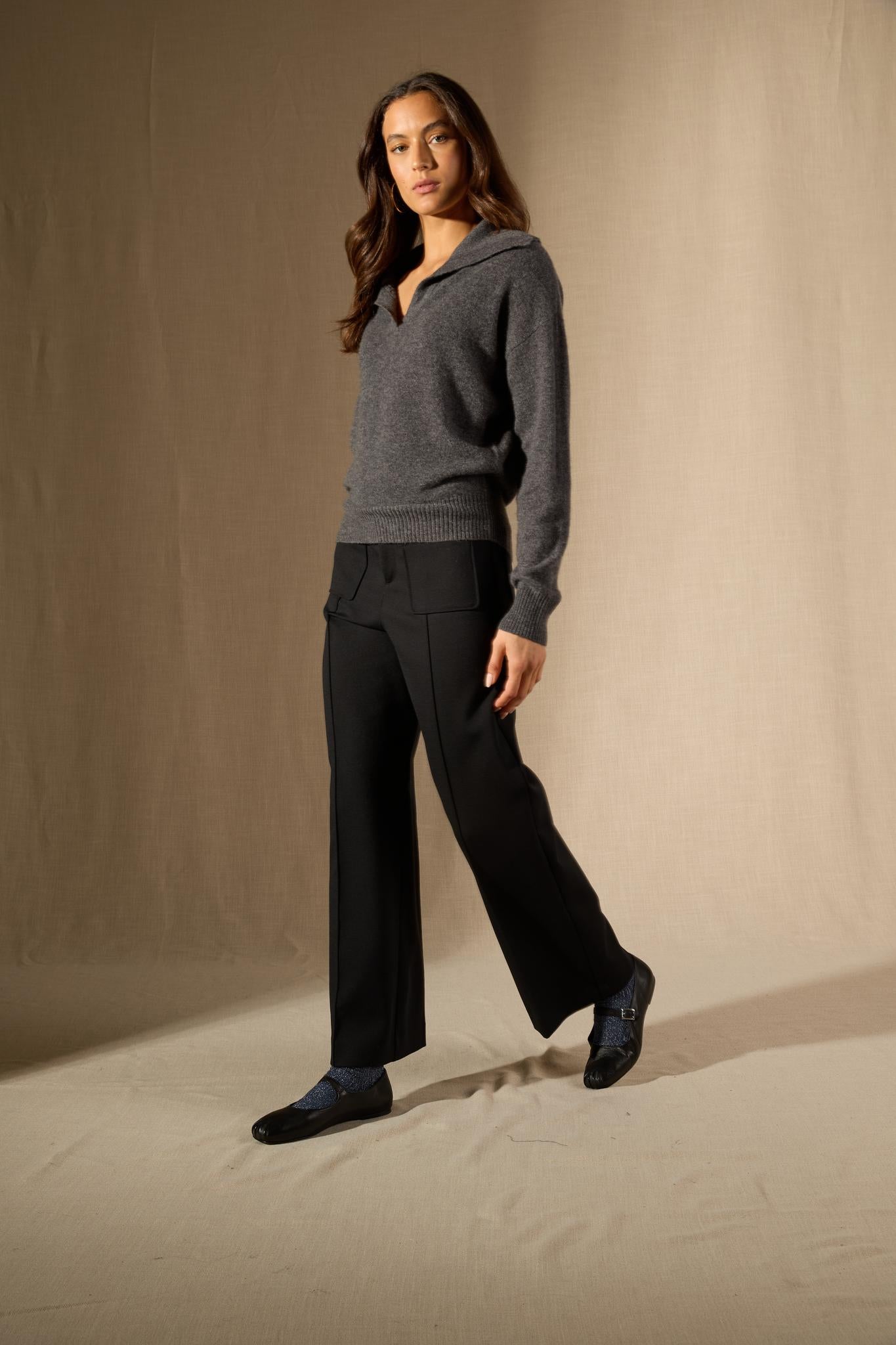 CRIMSON pull col châle croisé anthracite chiné 100% cachemire