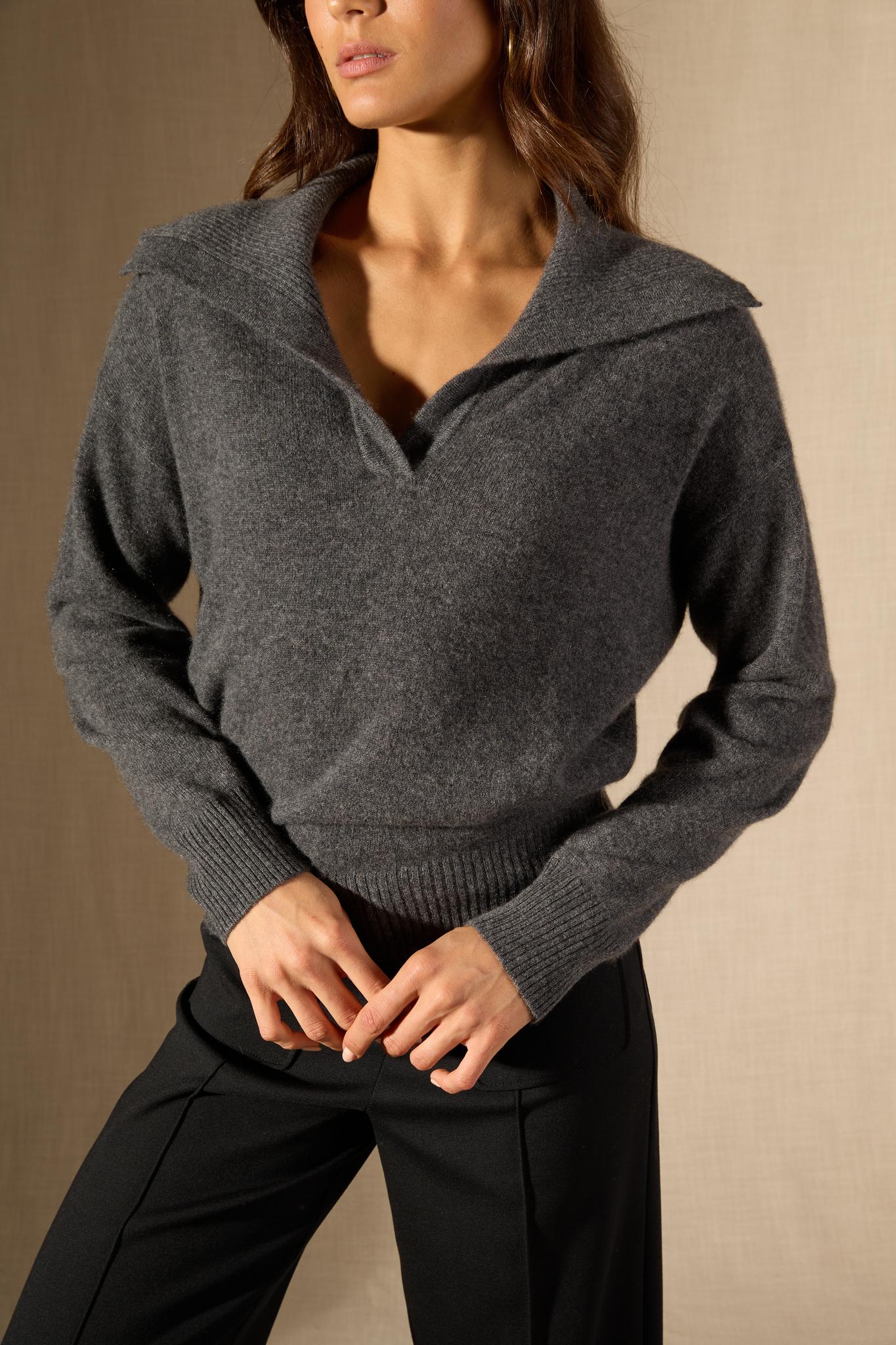 CRIMSON pull col châle croisé anthracite chiné 100% cachemire