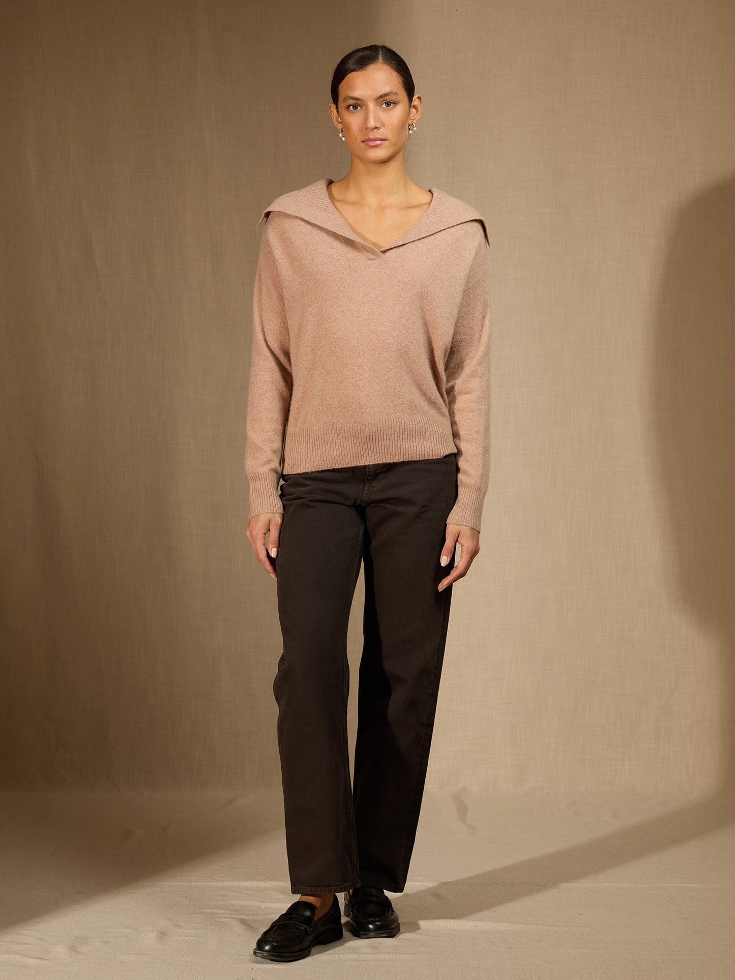 CRIMSON pull col châle croisé camel chiné 100% cachemire