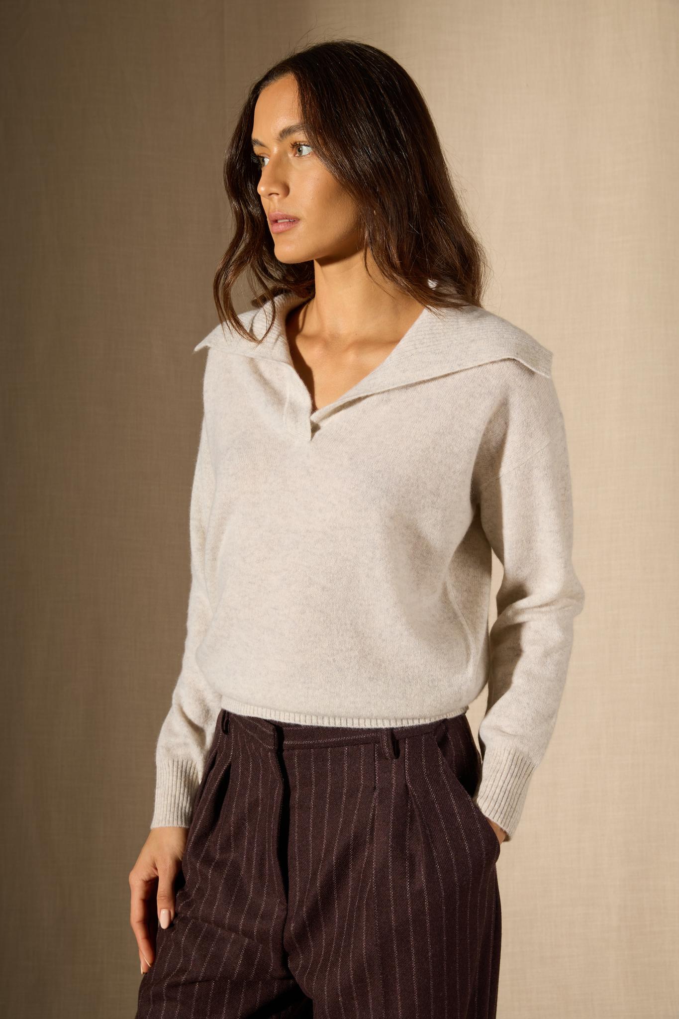 CRIMSON pull col châle croisé gris perle chiné 100% cachemire