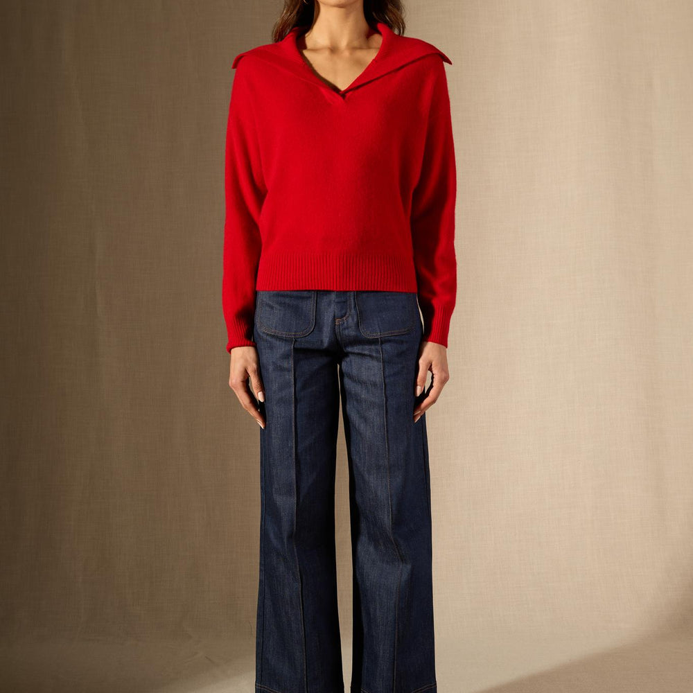 CRIMSON pull col châle croisé rouge 100% cachemire