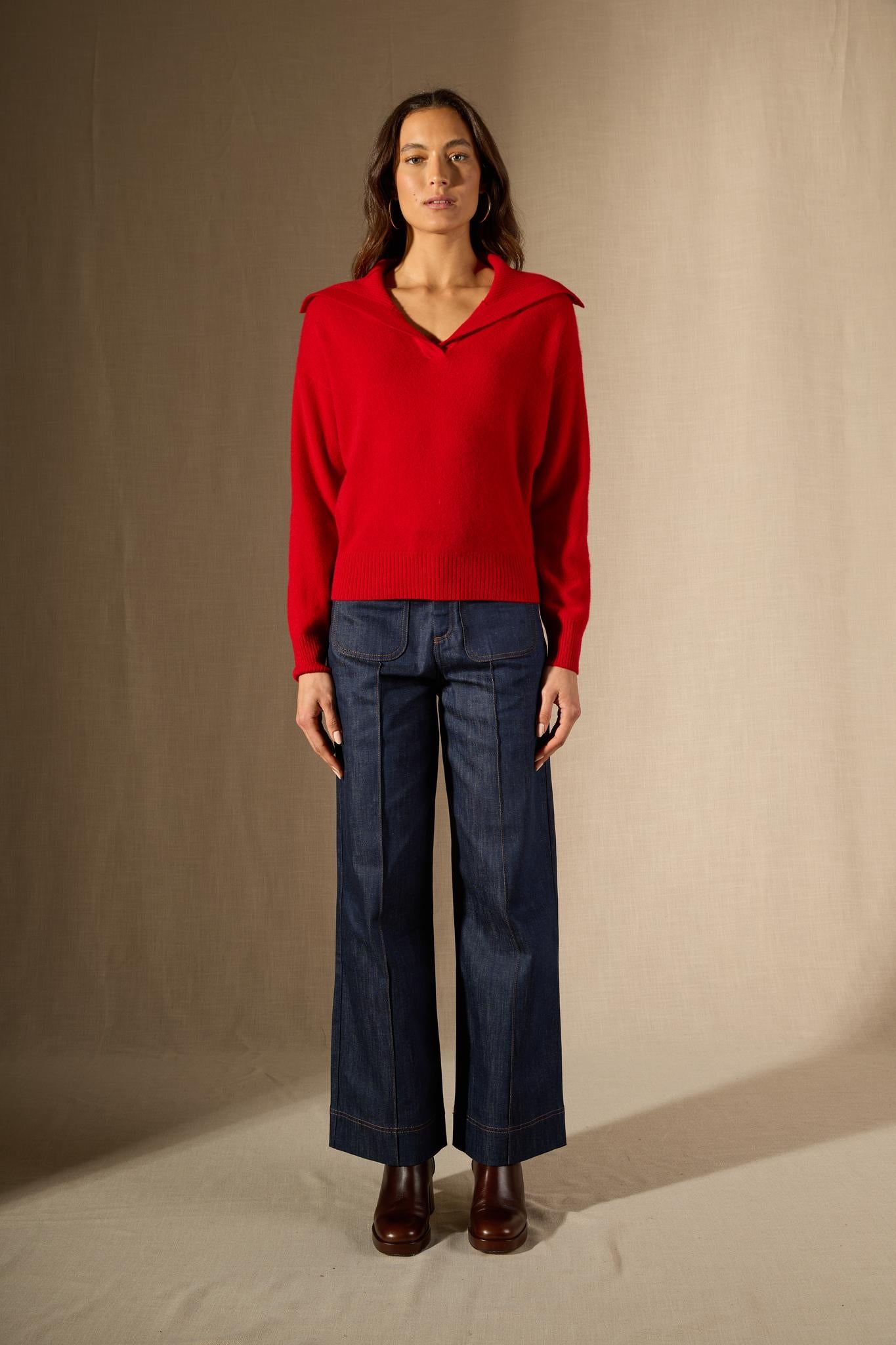 CRIMSON pull col châle croisé rouge 100% cachemire