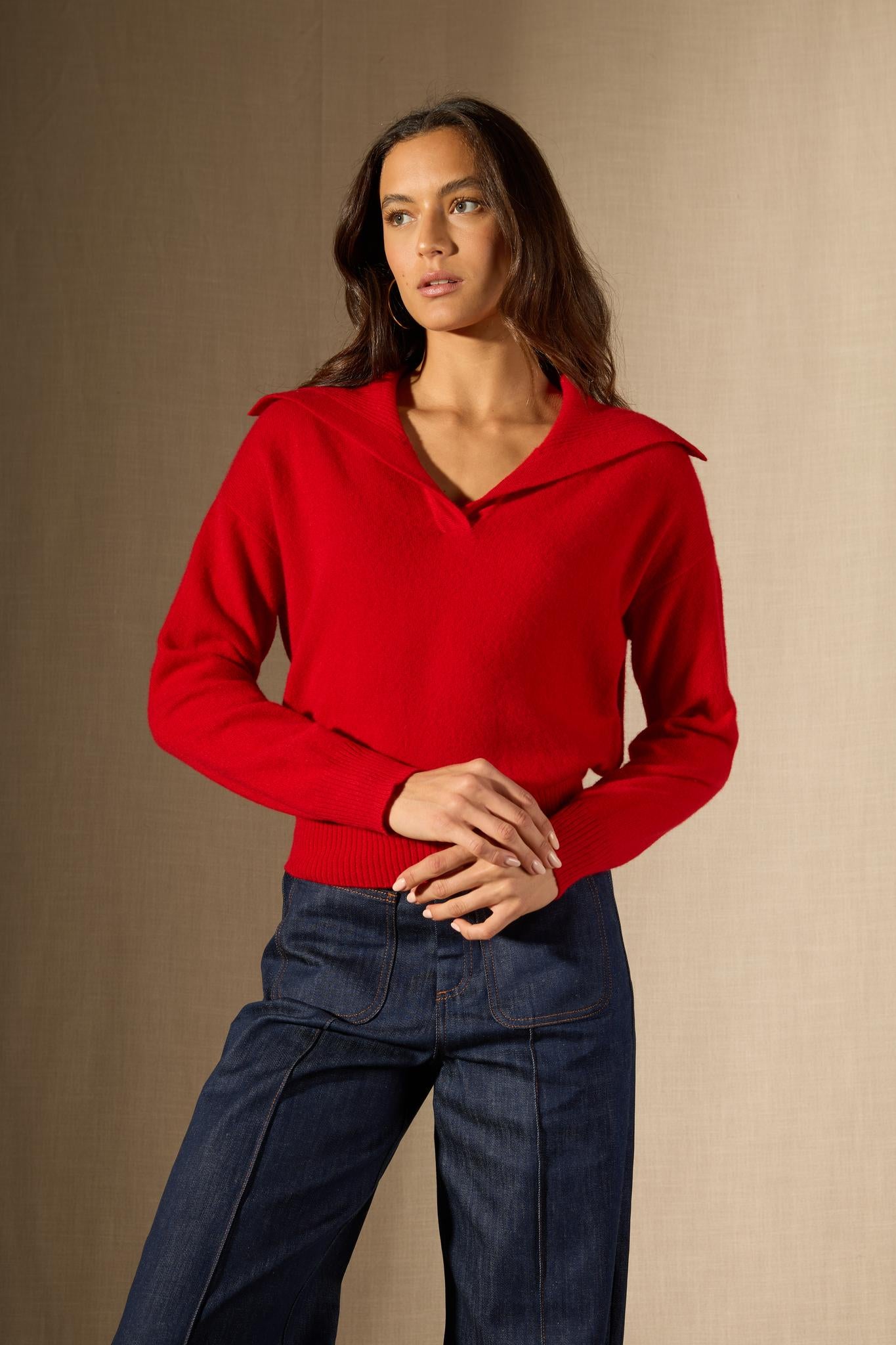 CRIMSON pull col châle croisé rouge 100% cachemire
