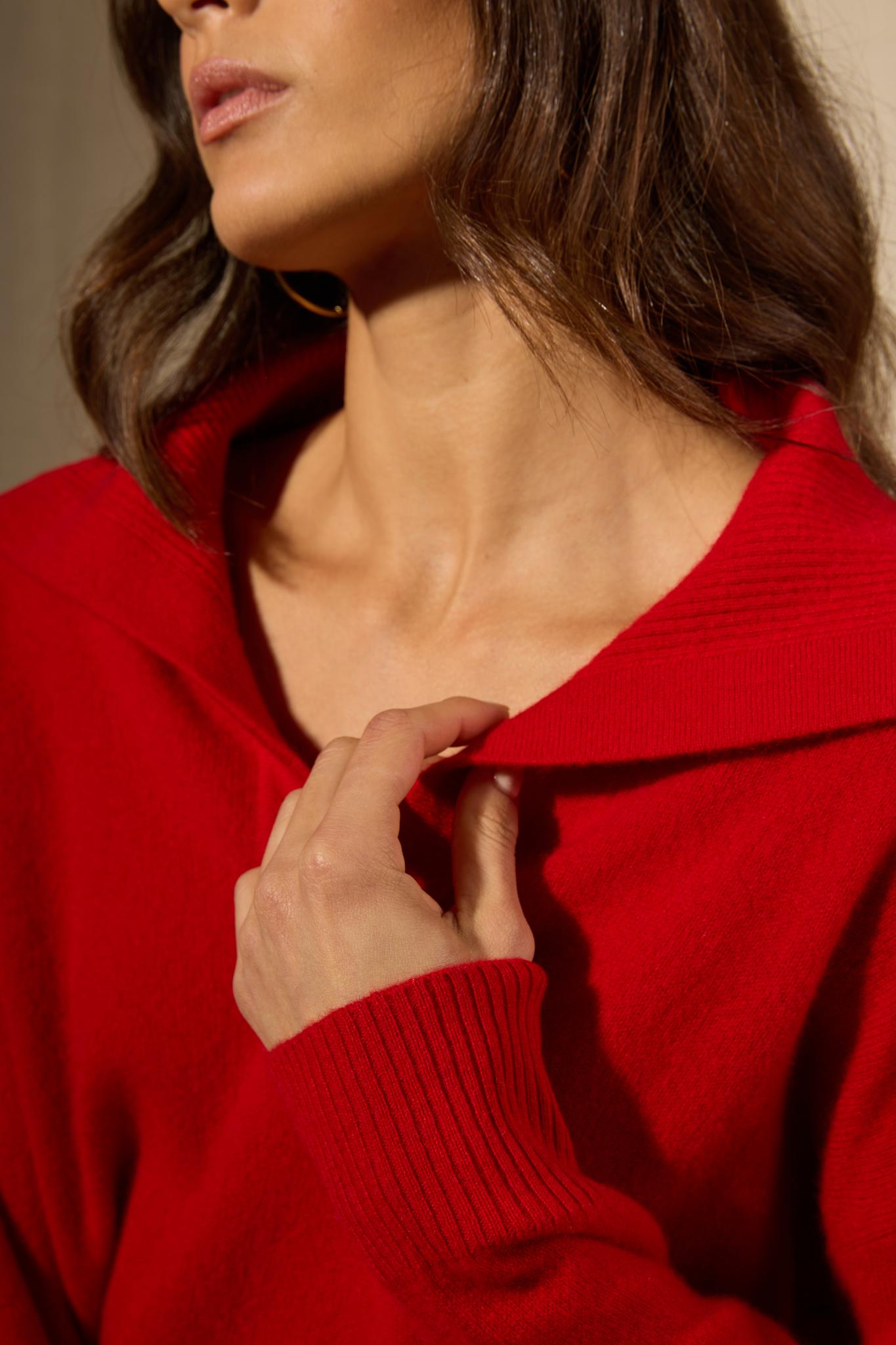 CRIMSON pull col châle croisé rouge 100% cachemire