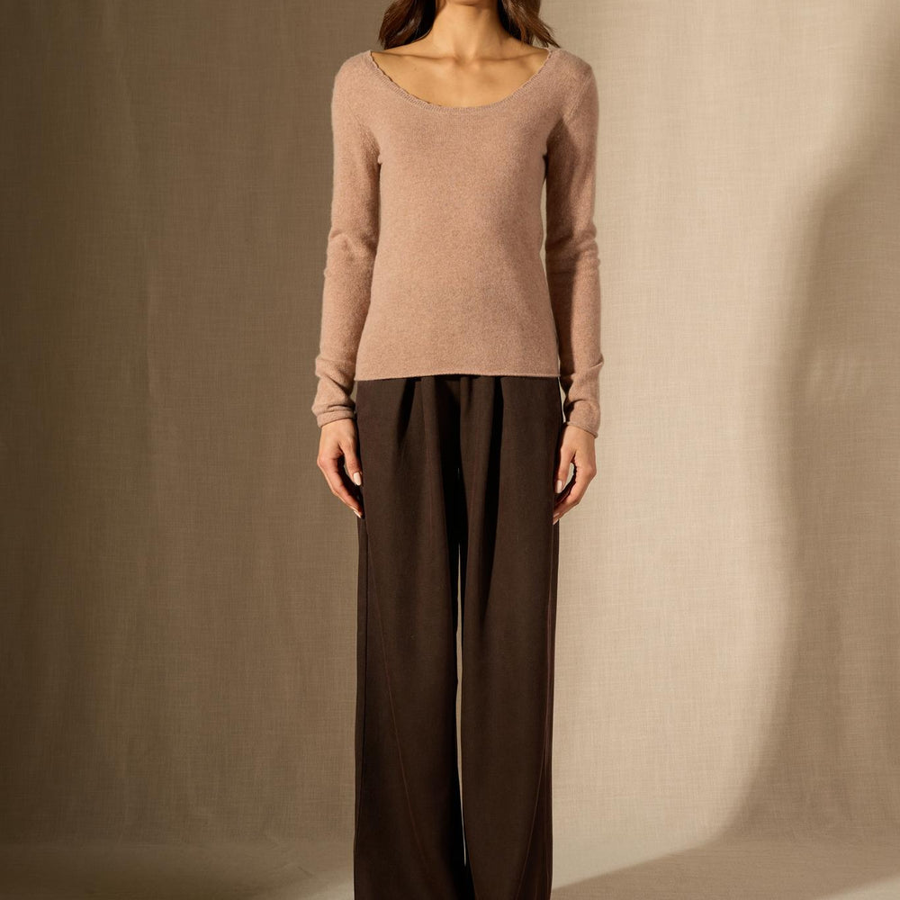 Cylena pull col bateau camel chiné 100% cachemire