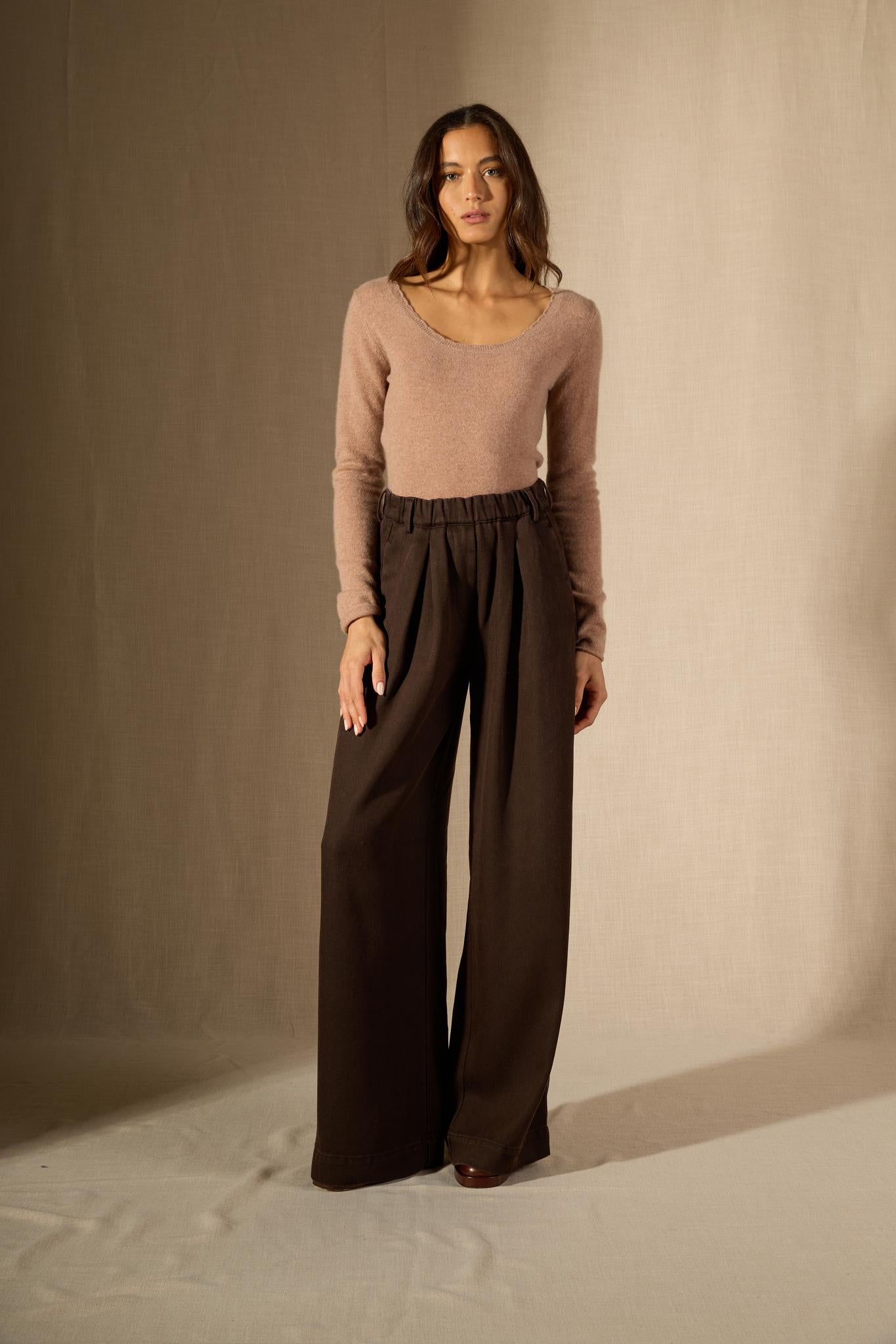 Cylena pull col bateau camel chiné 100% cachemire