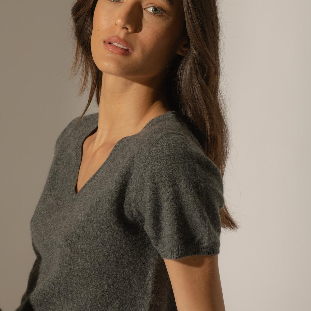 EFIMIA t-shirt col v anthracite chiné 100% cachemire