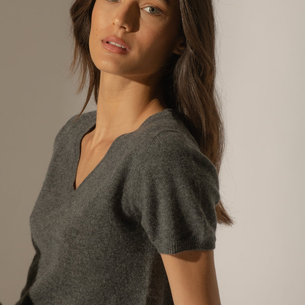 efimia t-shirt col v anthracite chiné 100% cachemire