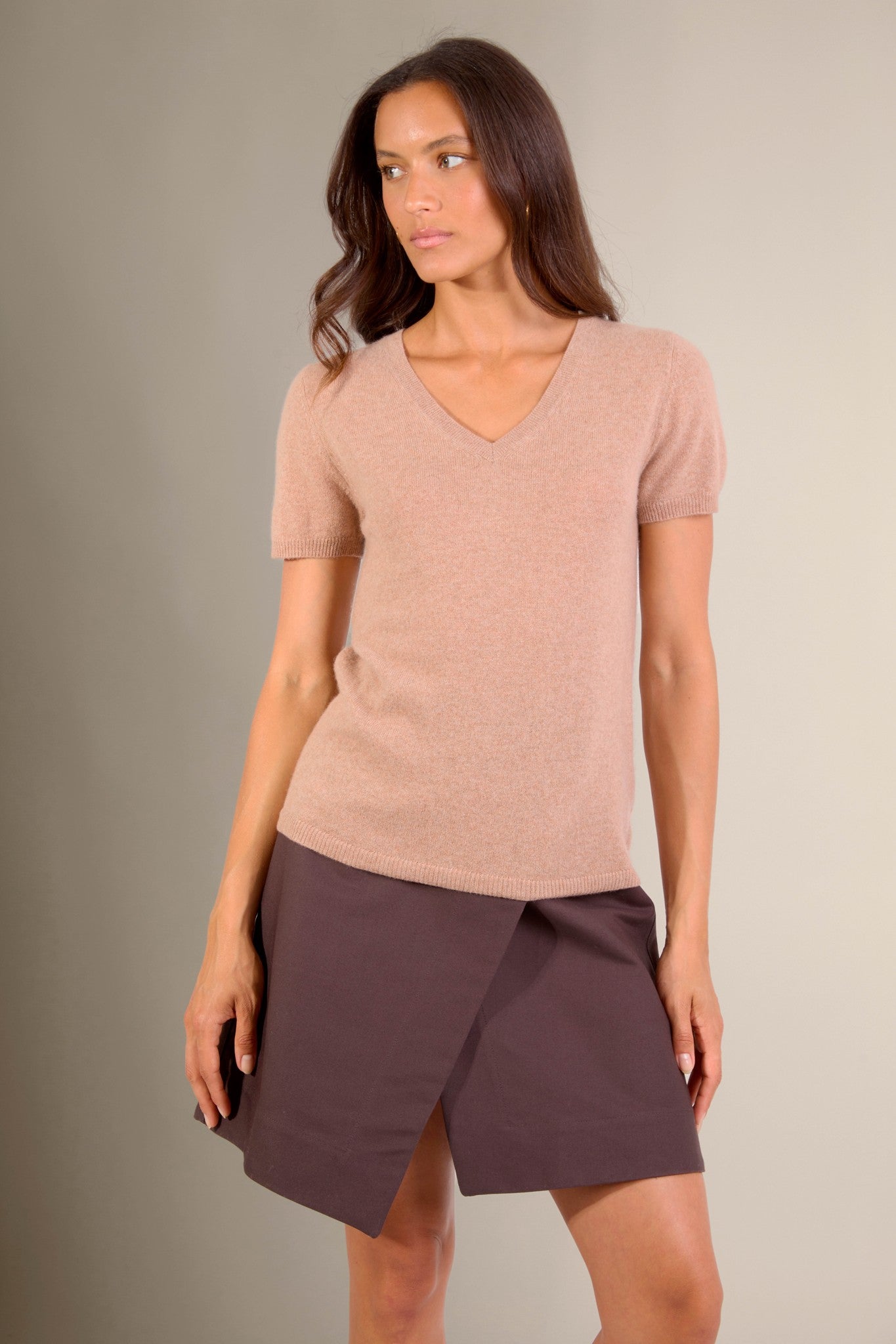 efimia t-shirt col v camel chiné 100% cachemire