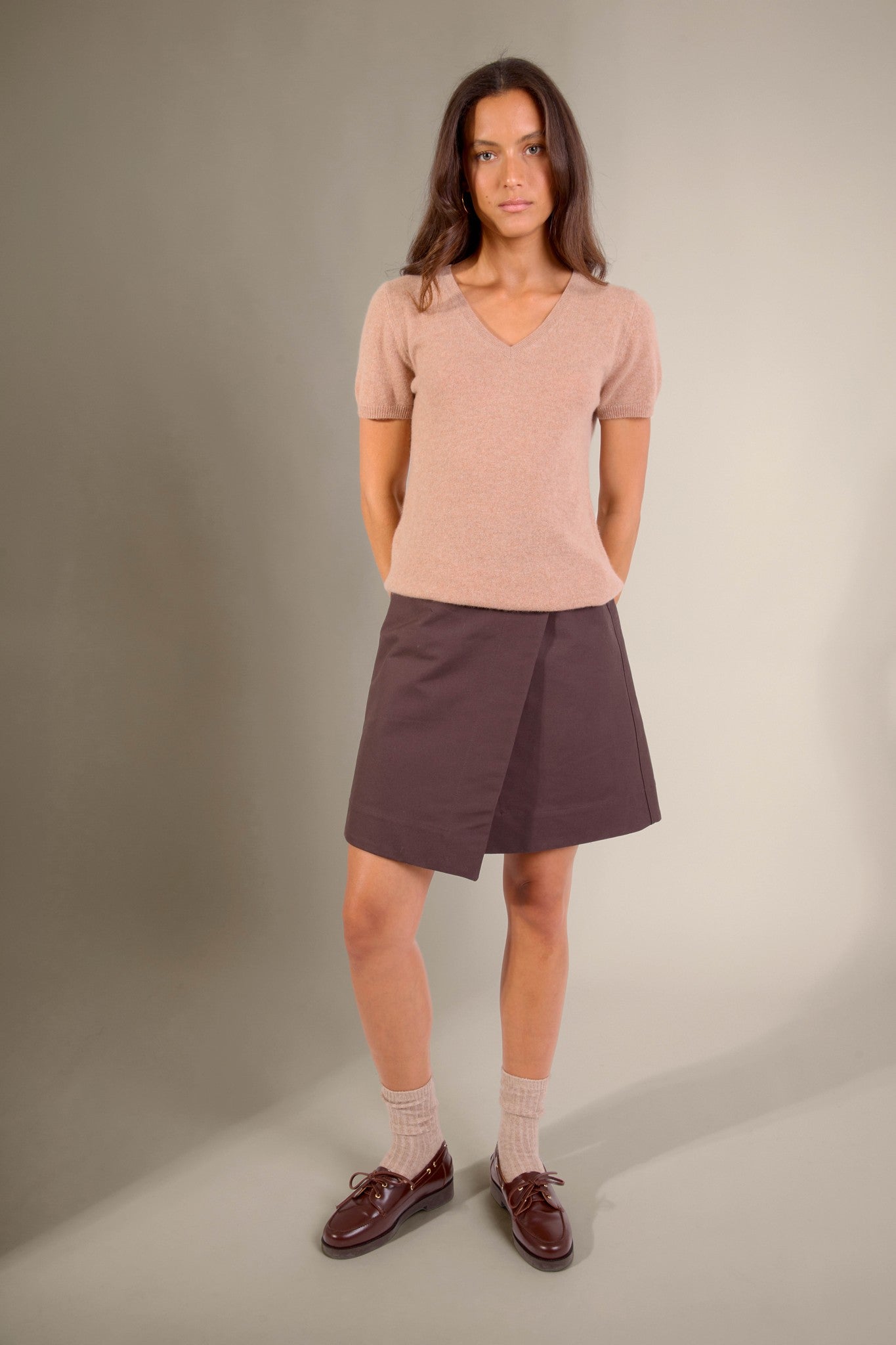 efimia t-shirt col v camel chiné 100% cachemire