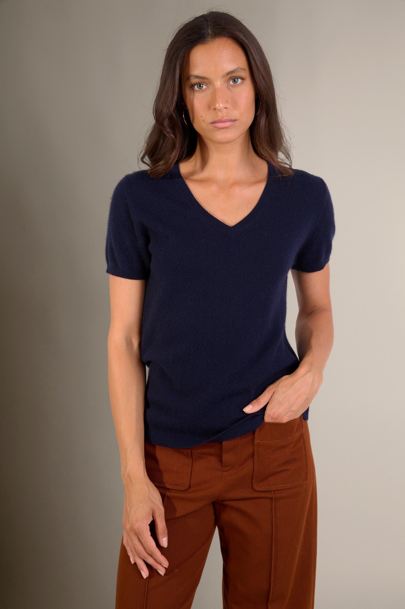 efimia t-shirt col v navy 100% cachemire