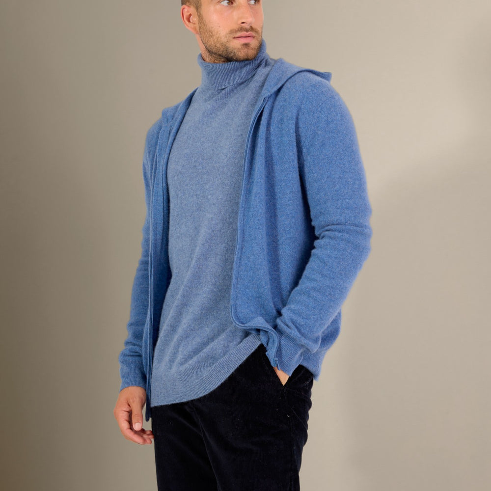 eldo gilet zippé capuche bleu denim 100% cachemire