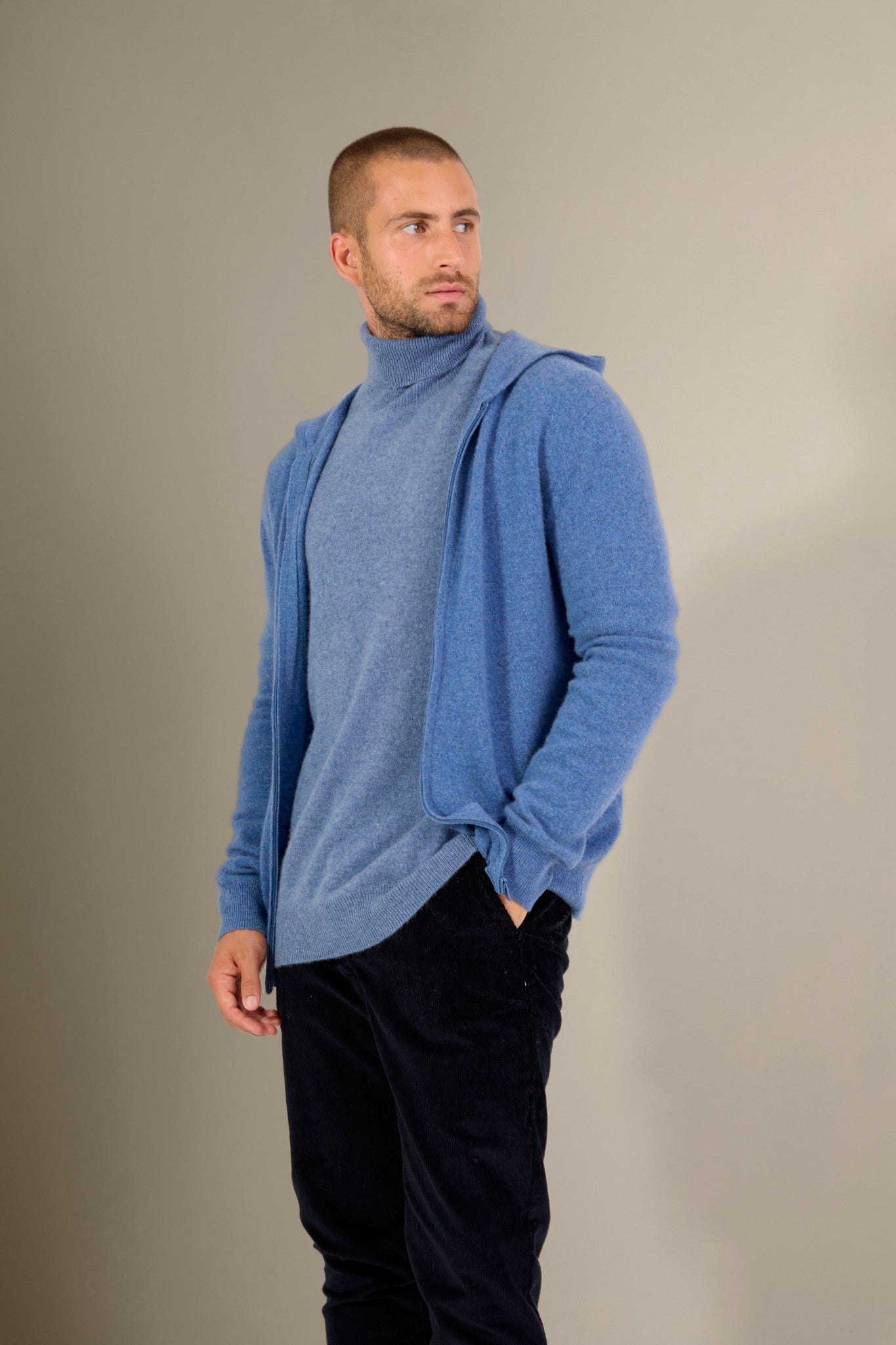 eldo gilet zippé capuche bleu denim 100% cachemire