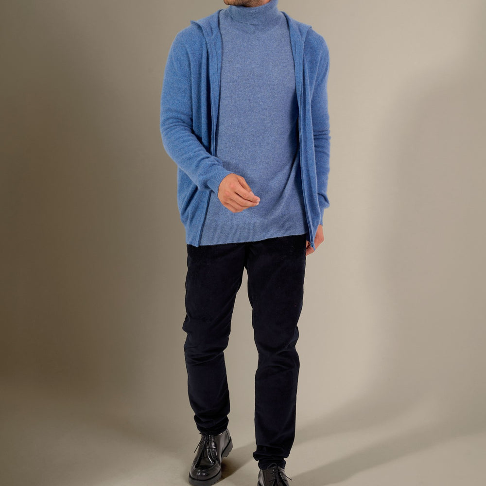 eldo gilet zippé capuche bleu denim 100% cachemire