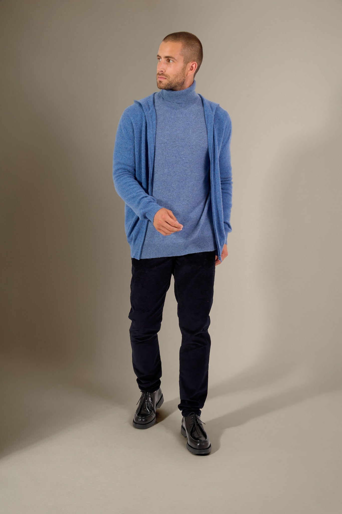 eldo gilet zippé capuche bleu denim 100% cachemire