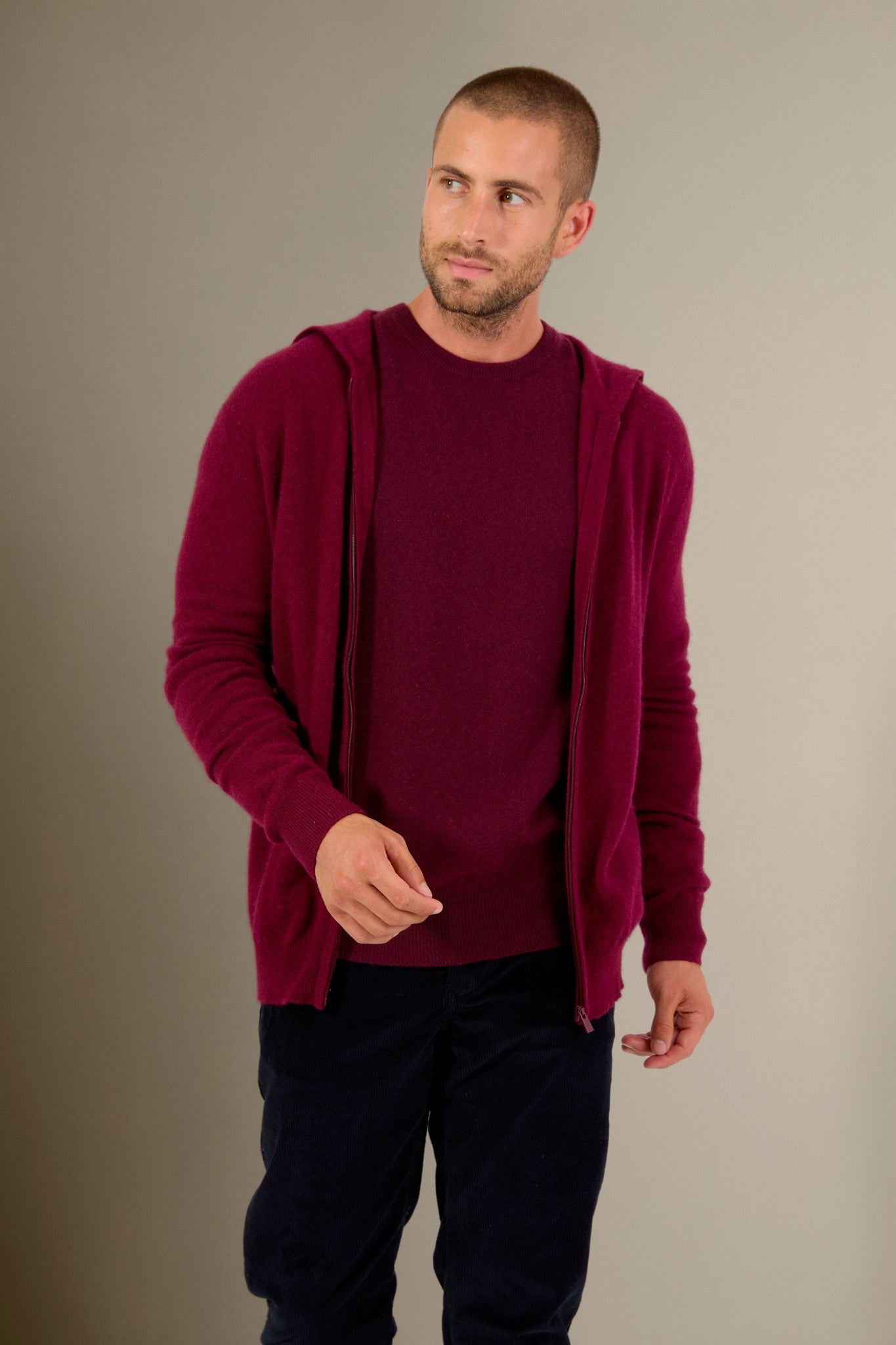 eldo gilet zippé capuche bordeaux 100% cachemire