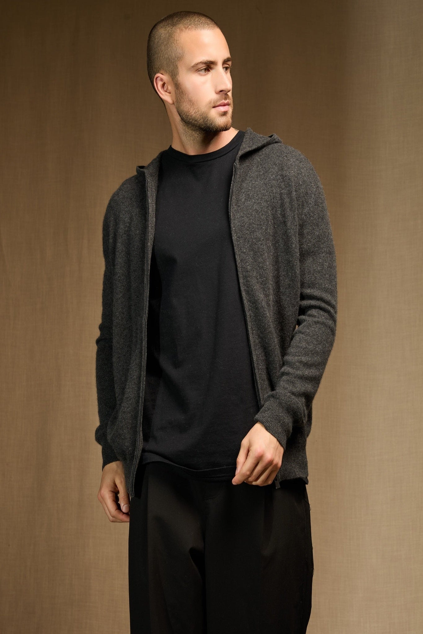 eldo gilet zippé capuche carbone chiné 100% cachemire