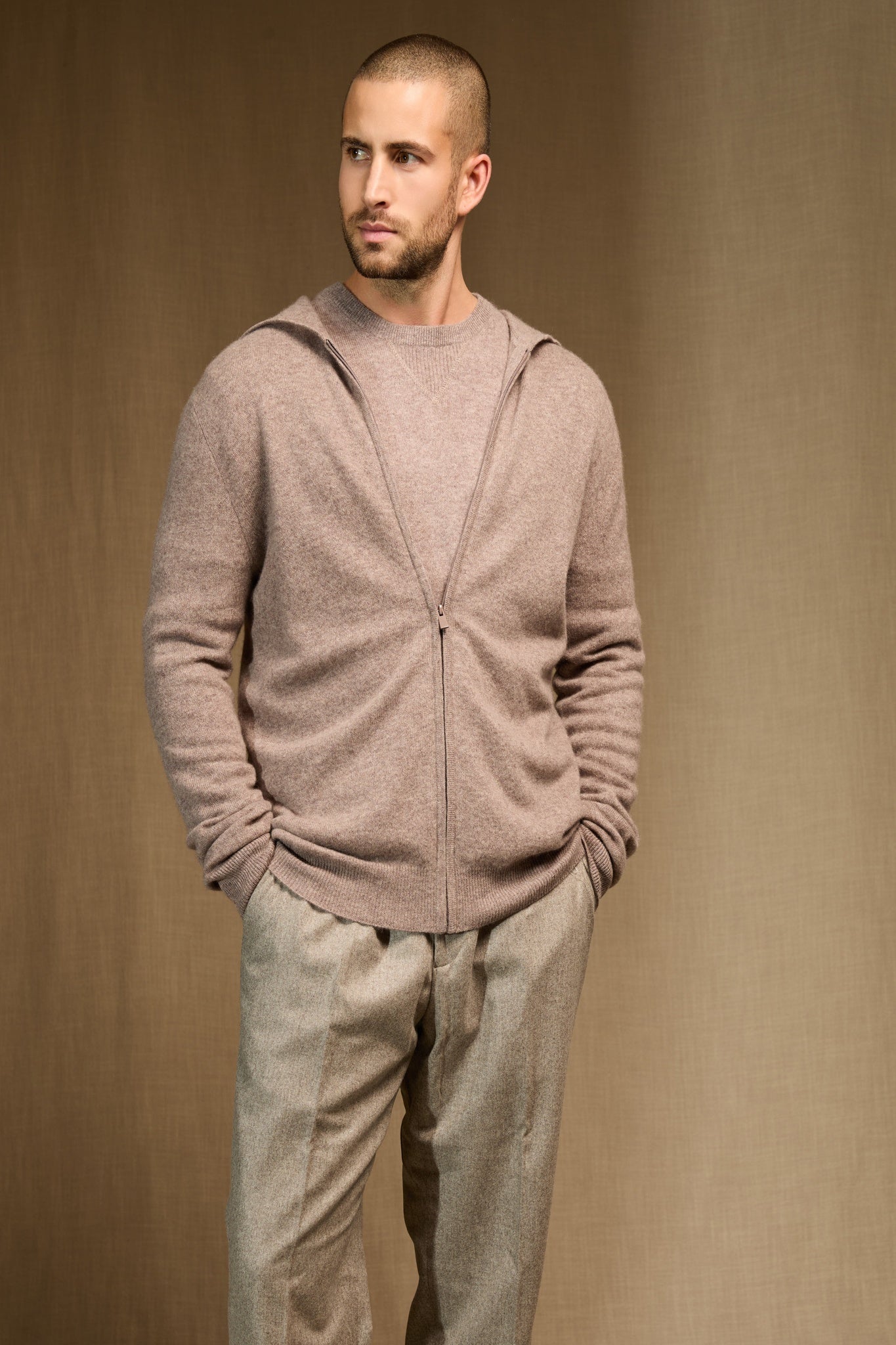 eldo gilet zippé capuche caribou chiné 100% cachemire